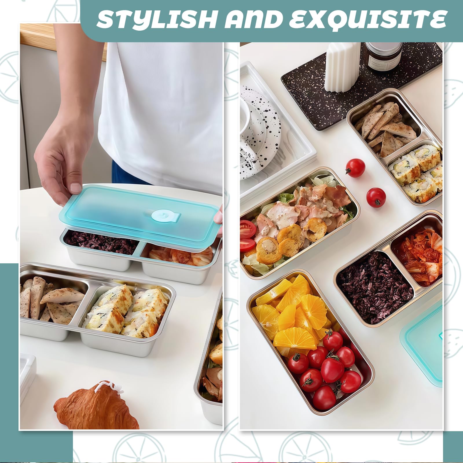 2 Contenitori Per Snack Con 3 Scomparti In Acciaio Inox 304, 600 Ml Totale, Ermetici, Lavabili In Lavastoviglie, Ideali Per Scuola E Ufficio