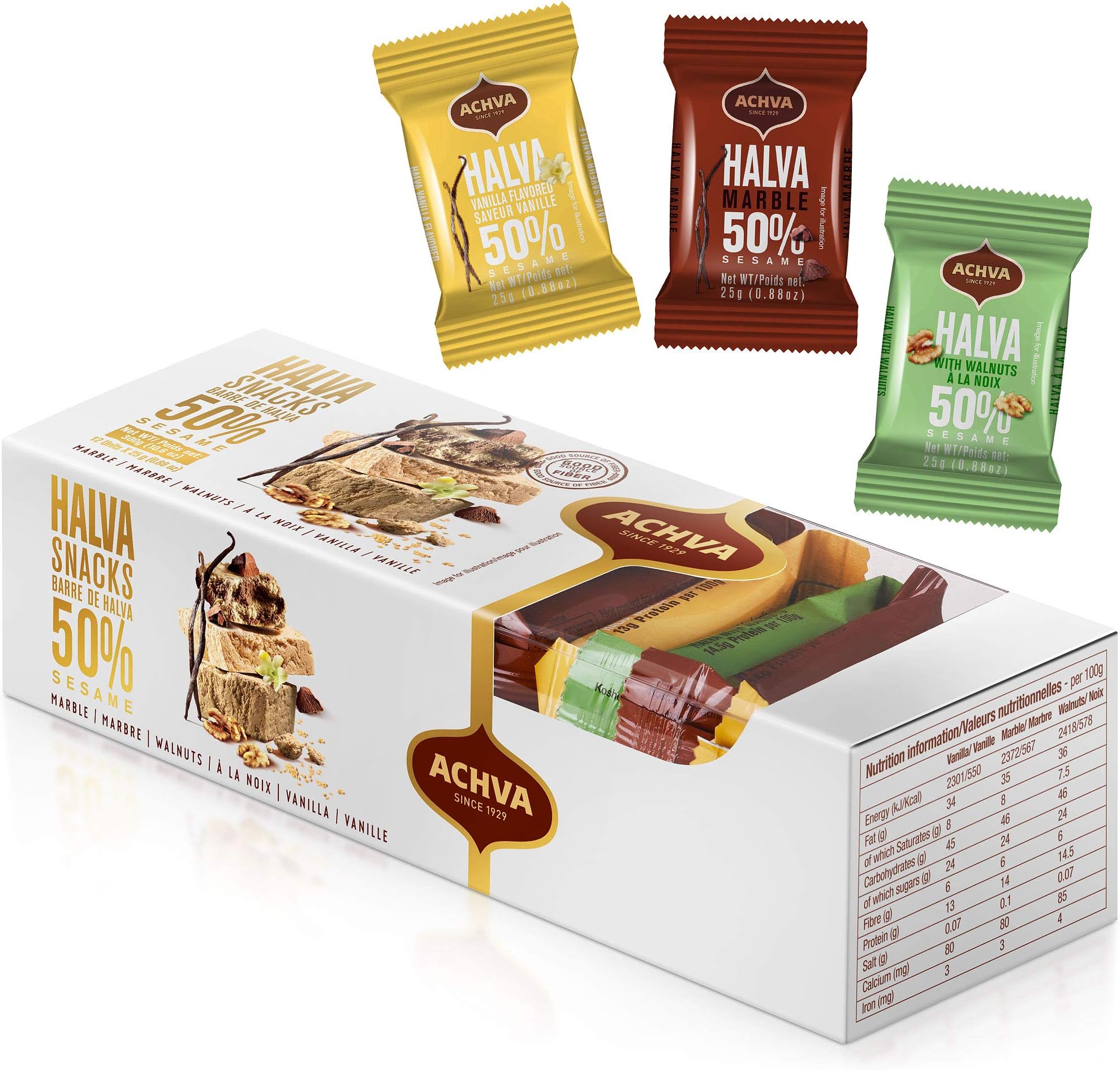 Assortment Pack Halvah Marble, Vanilla and Walnut Israel Candy Bars - Vegan Friendly, Certified Kosher Snacks Without Milk or Gluten by Achva, 25g Each (1 Pack)