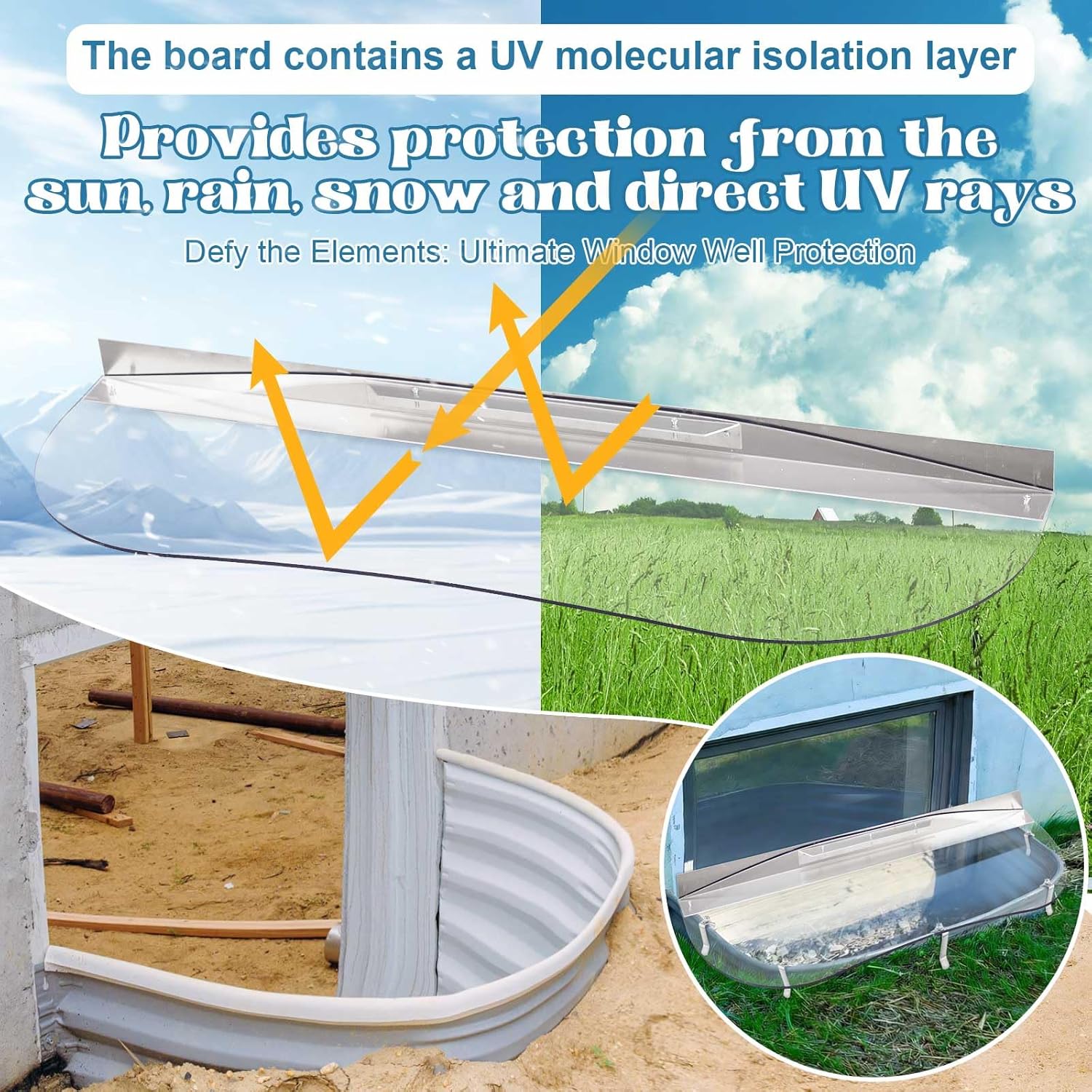 Vercraft 40" W x 13" L Sloped Elongated Egress Window Well Covers with Rust-Free Aluminum Bracing for Snow and Rain UV Resistant Clear Polycarbonate Basement Outside Against Debris for Garden Yard