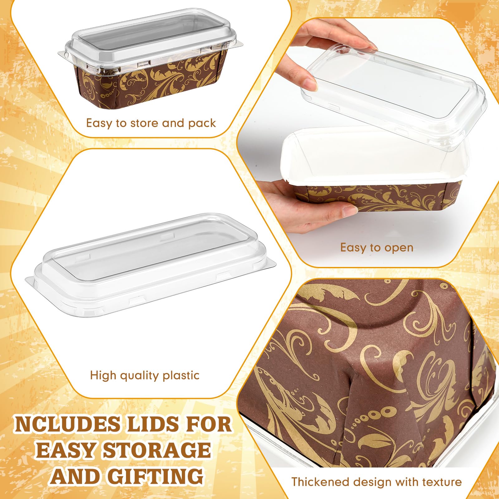 Baderke 60 piezas de 6 x 2.5 x 2 pulgadas, moldes de papel desechables para hornear con tapas, sartenes de papel kraft para pasteles, pan, horno, panadería, regalos de vacaciones