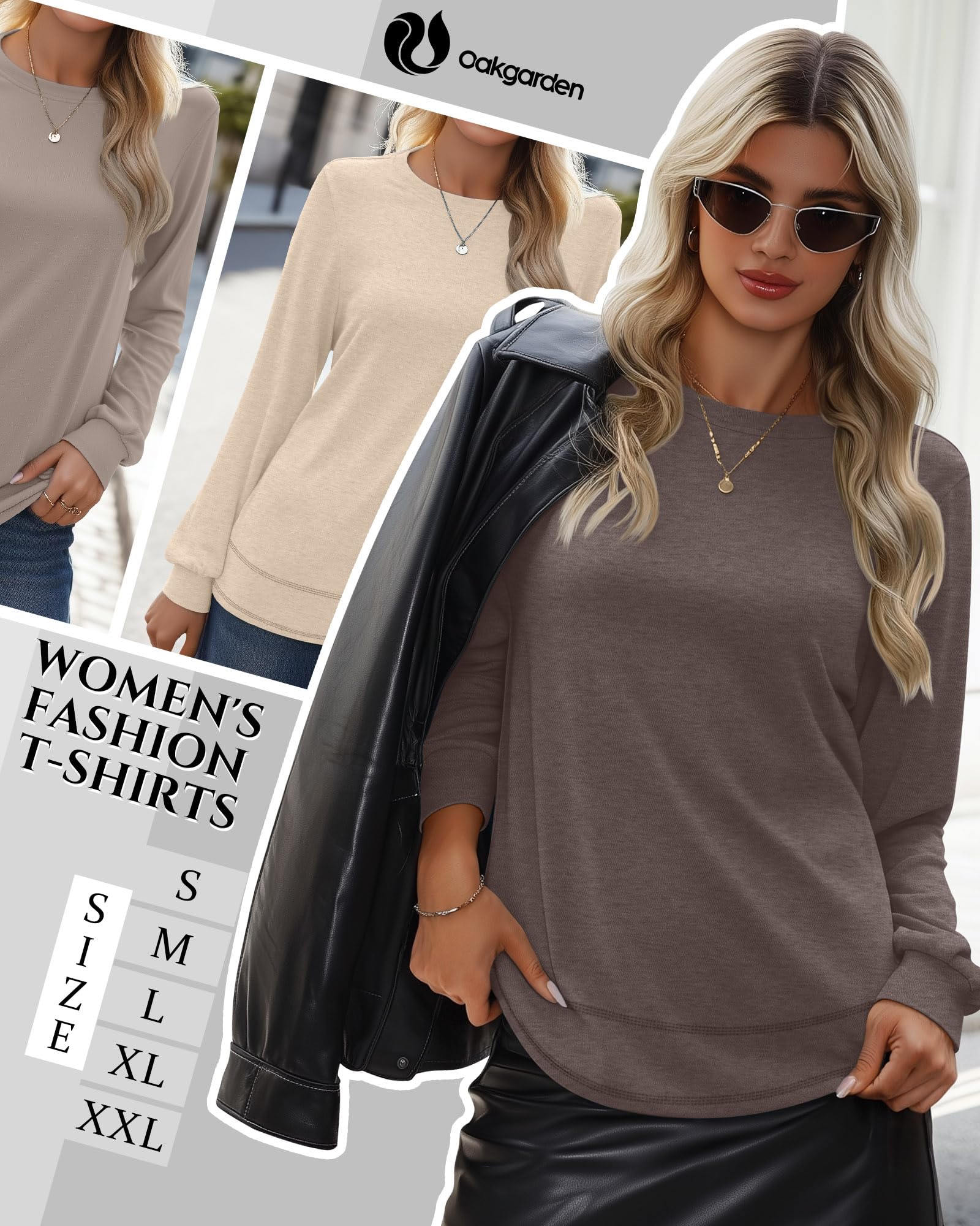 4 Pack Women's Long Sleeve Shirts, Crew Neck Cotton Tees Curved Hem Tunic Pullover Sweatshirts Knit Loose T-Shirts