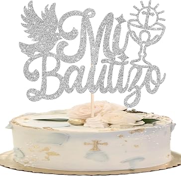 1 Pack Spanish Mi Bautizo Cake Topper Glitter Cross First Holy Communion Baptism Cake Pick Religious God Bless Baptism Cupcake Decoration for Baby Shower Birthday Party Supplies Silver