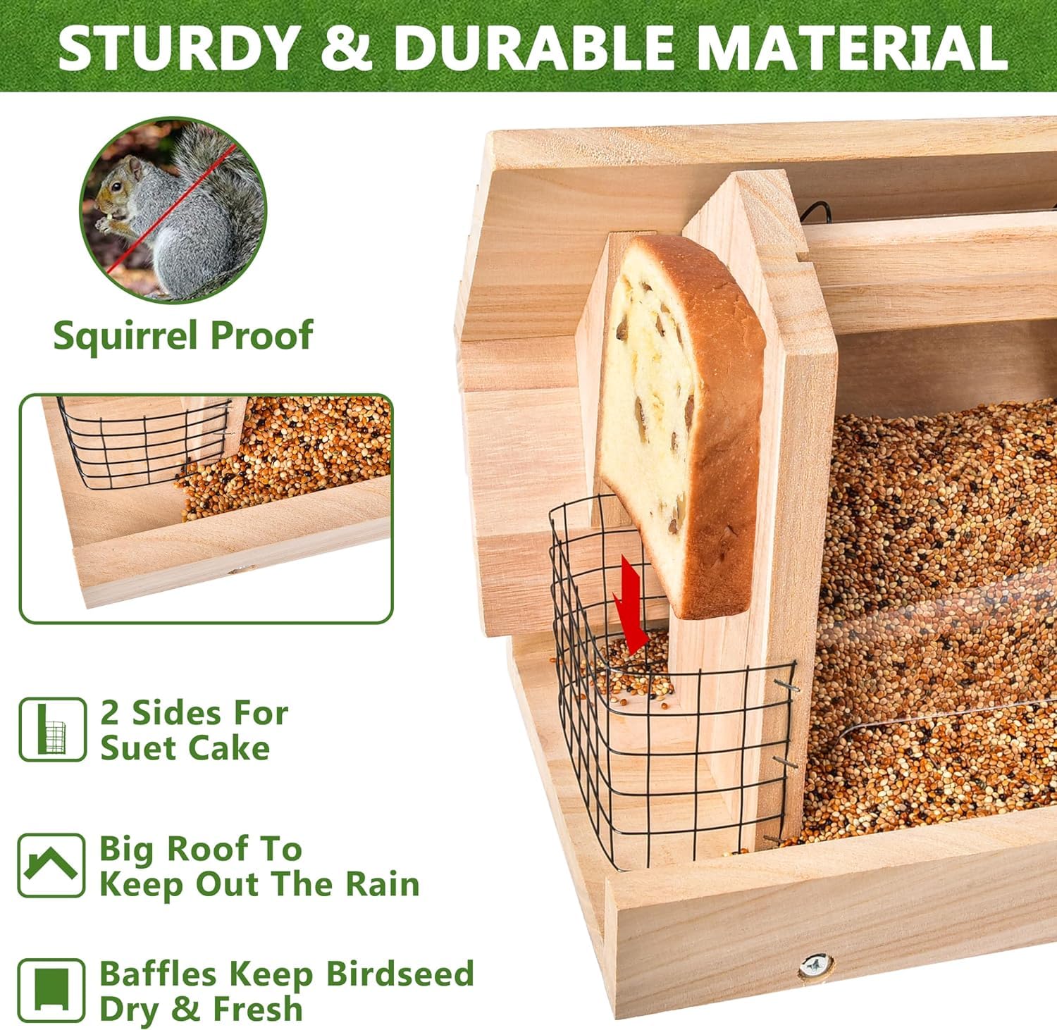 esmen Comederos Comederos para pájaros de Gran Capacidad para Exteriores, comedero de Madera para pájaros, comederos Colgantes con Soporte