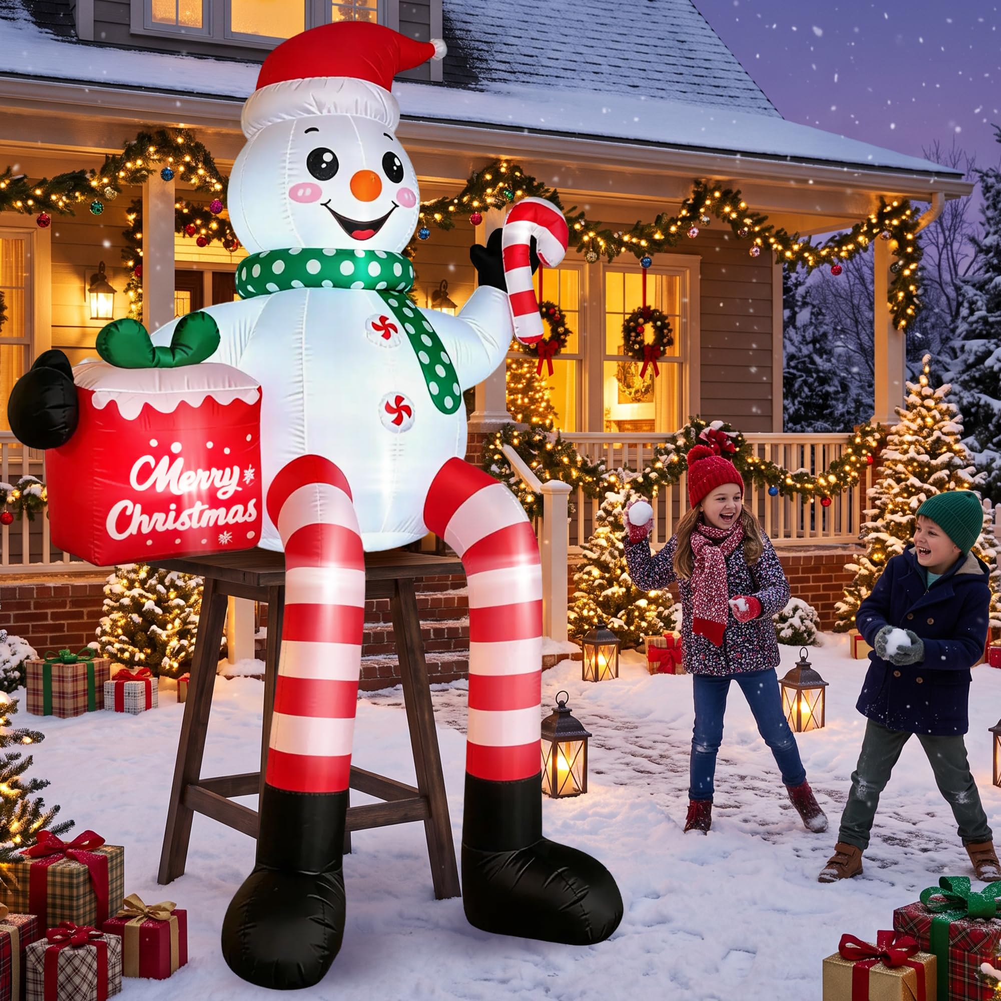 JOVIPOP Bonhomme de neige assis de 4,9 m recevant des cadeaux, décorations de Noël gonflables d'extérieur