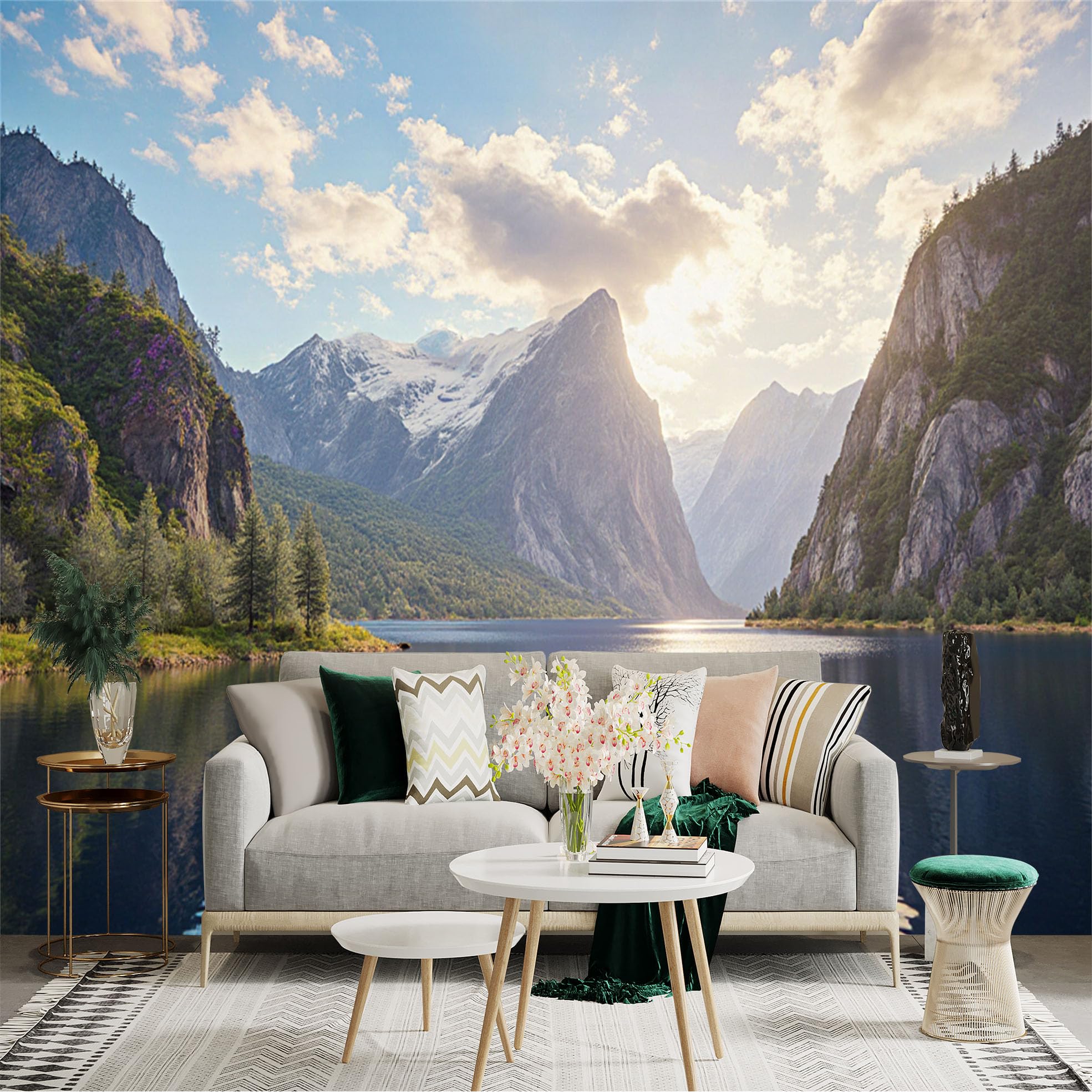 Custom Size Wall Sticker Mural， Majestic Mountain Peaks Over Calm Lake， Sunlight Reflecting on Water， Natural Scenic Landscape， for wall Decoration， peelandstick wall Decals.