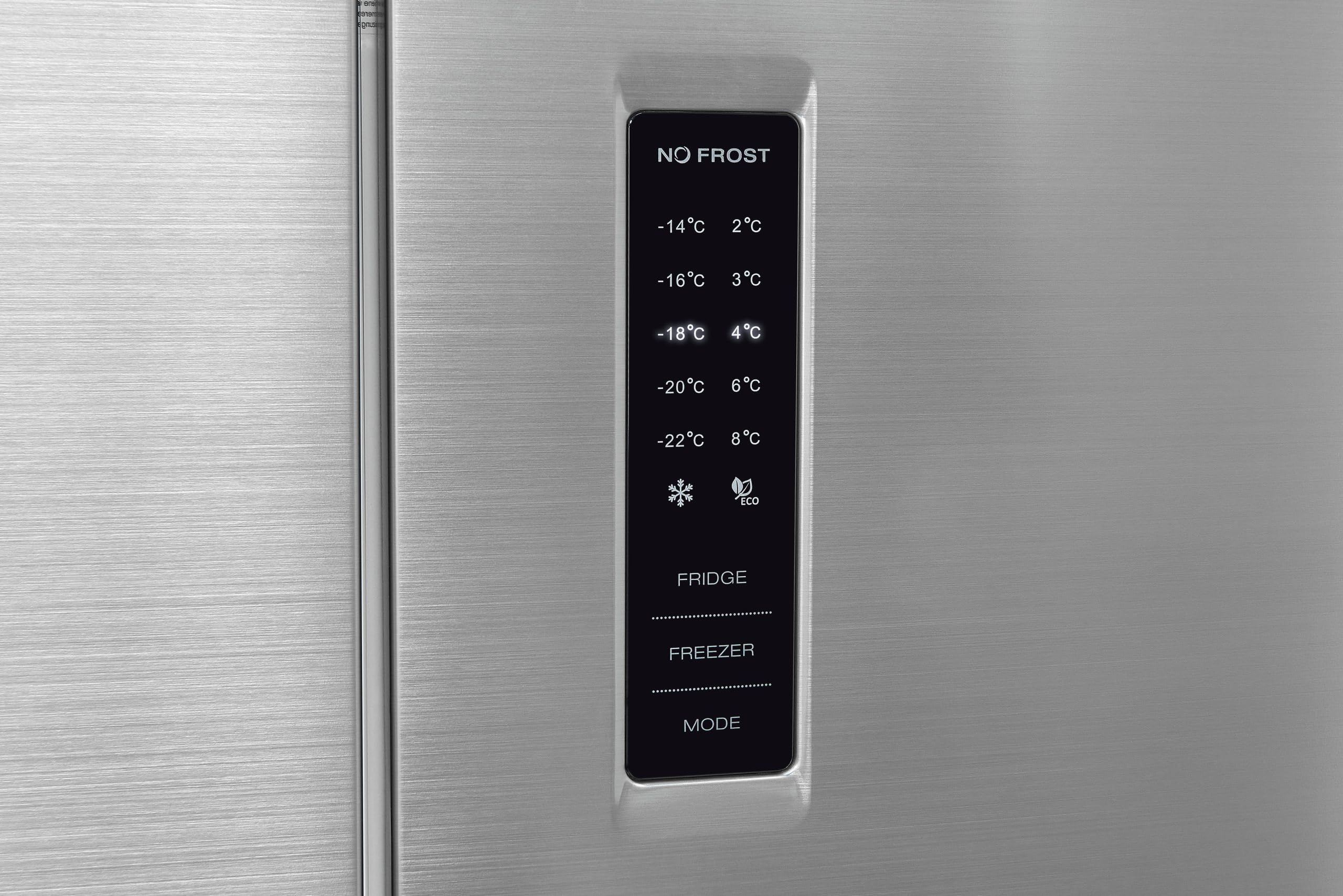 Exquisit® Frigorífico Americano, 4 Puertas, 362L, Clase D, Material Acero Inox, Tecnologia No-Frost, Display Digital en Puerta, Cajon Verdulero Siempre Fresco, Consumo 210 kWh/año, Medidas 180x79x62Cm