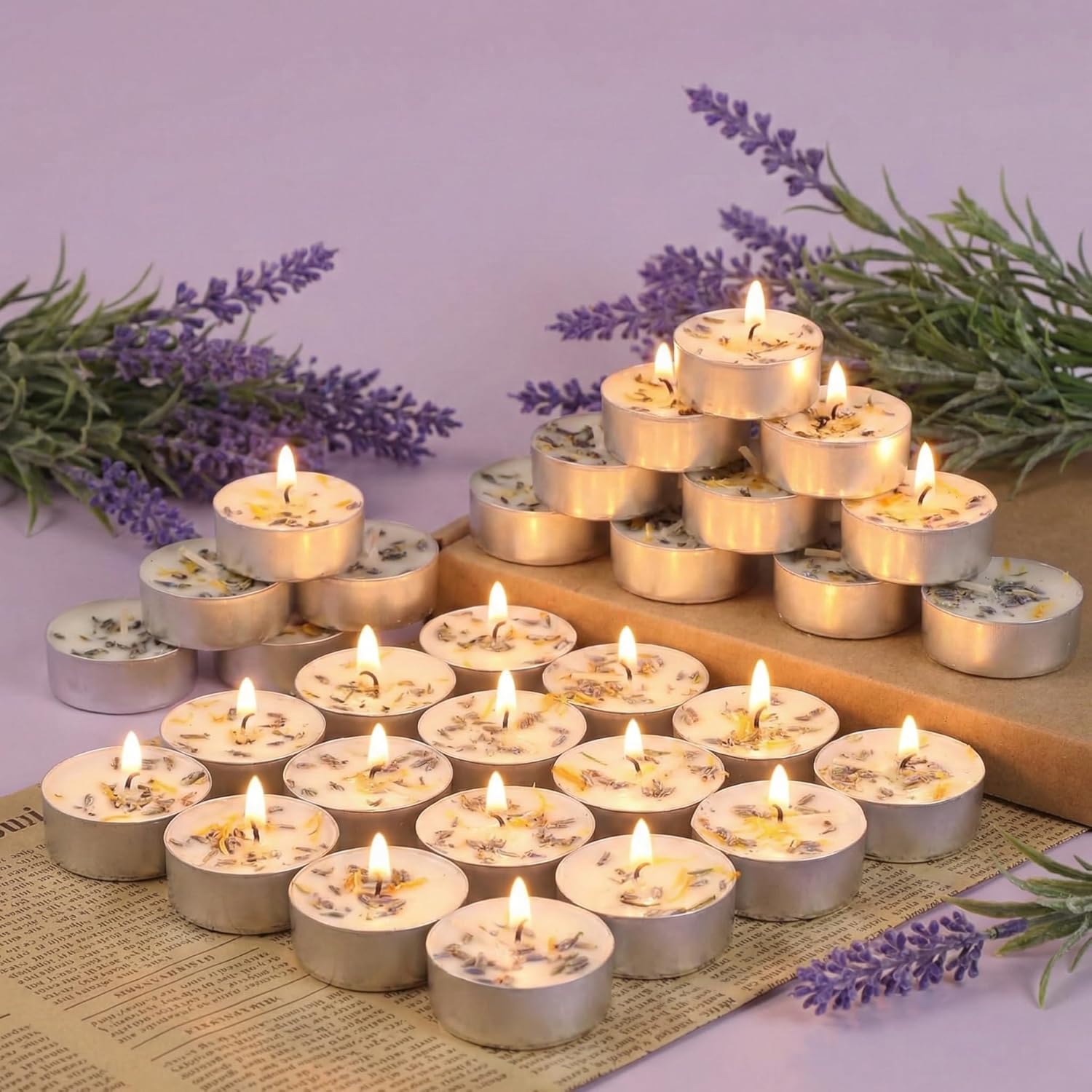 Lavender Scented Tealight Candles 16 Pack - 4-Hour Palm Wax White Tea Lights, Plant Dried Flower Scented Tea Candle (Paraffin-Free), Votive Candles for Home/Yoga/Bath/Meditation