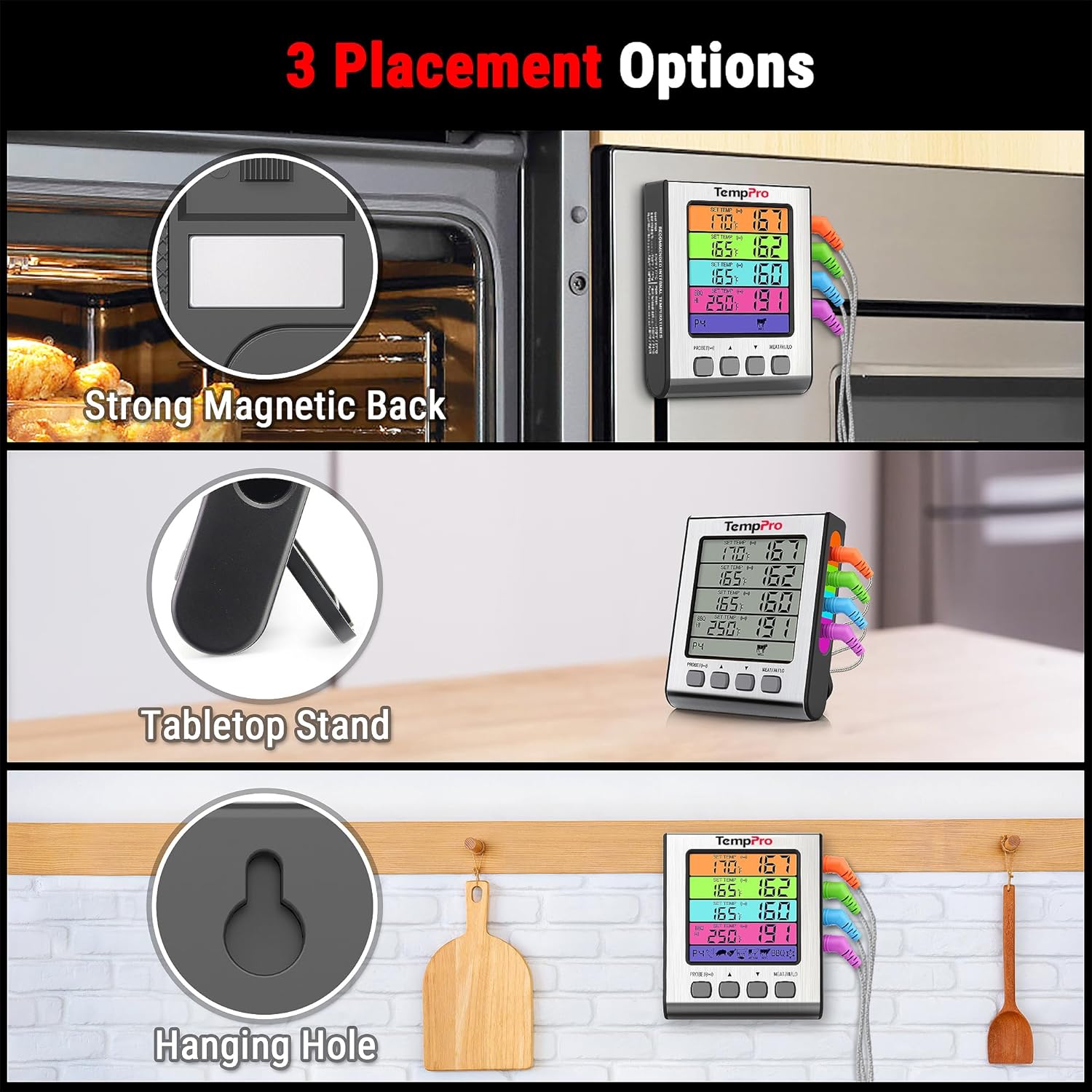 TempPro TP17H Digital Meat Thermometer with 4 Temperature Probes, HI/Low Alarm Smoker Food Thermometer with Colored Backlit LCD, BBQ Thermometer for Cooking Grill Kitchen Oven (Previously ThermoPro)