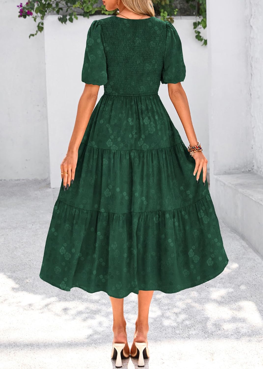 KIRUNDO Womens Summer Dresses Wedding Guest Floral Midi Sundress Short Puff Sleeve Flowy A Line Smocked Tiered Boho Dress - Image 2