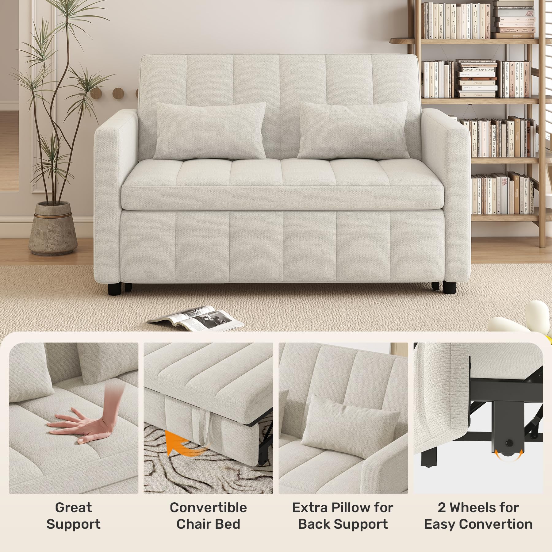 Nebuaegis Sleeper Sofa Bed,3-in-1 Convertible Pull Out Couch with Adjustable Backrest for Living Room,Loveseat Sofa Bed with Side Pockets,Easy Assembly,Beige,1 PCS