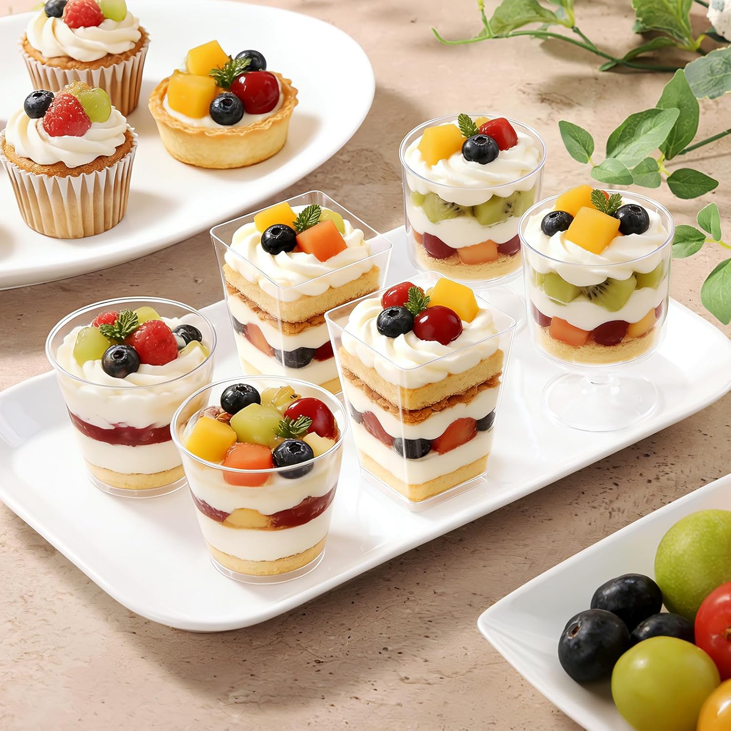 Eupako 150 Set 5 oz Plastic Dessert Cups Assorted Shape - 50 Square 50 Round 50 Goblet Clear Appetizer Cup, Small Dessert Cup for Jello Shots, Parfait, Puddings, Mousse