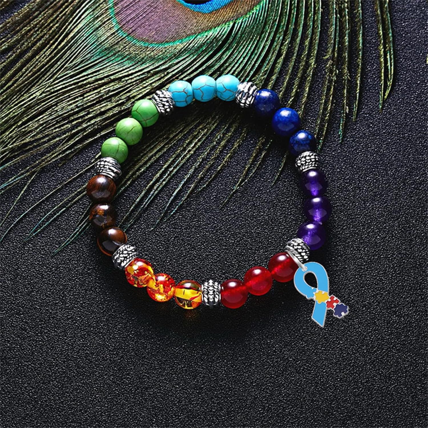 Dreuyet Autism Awareness Bracelet 7 Chacarat Bead Lace Bracelet Red Ribbon Charm Bracelets Healing Chakra Crystal Bracelets Puzzle Piece Jewelry Gifts - Image 3