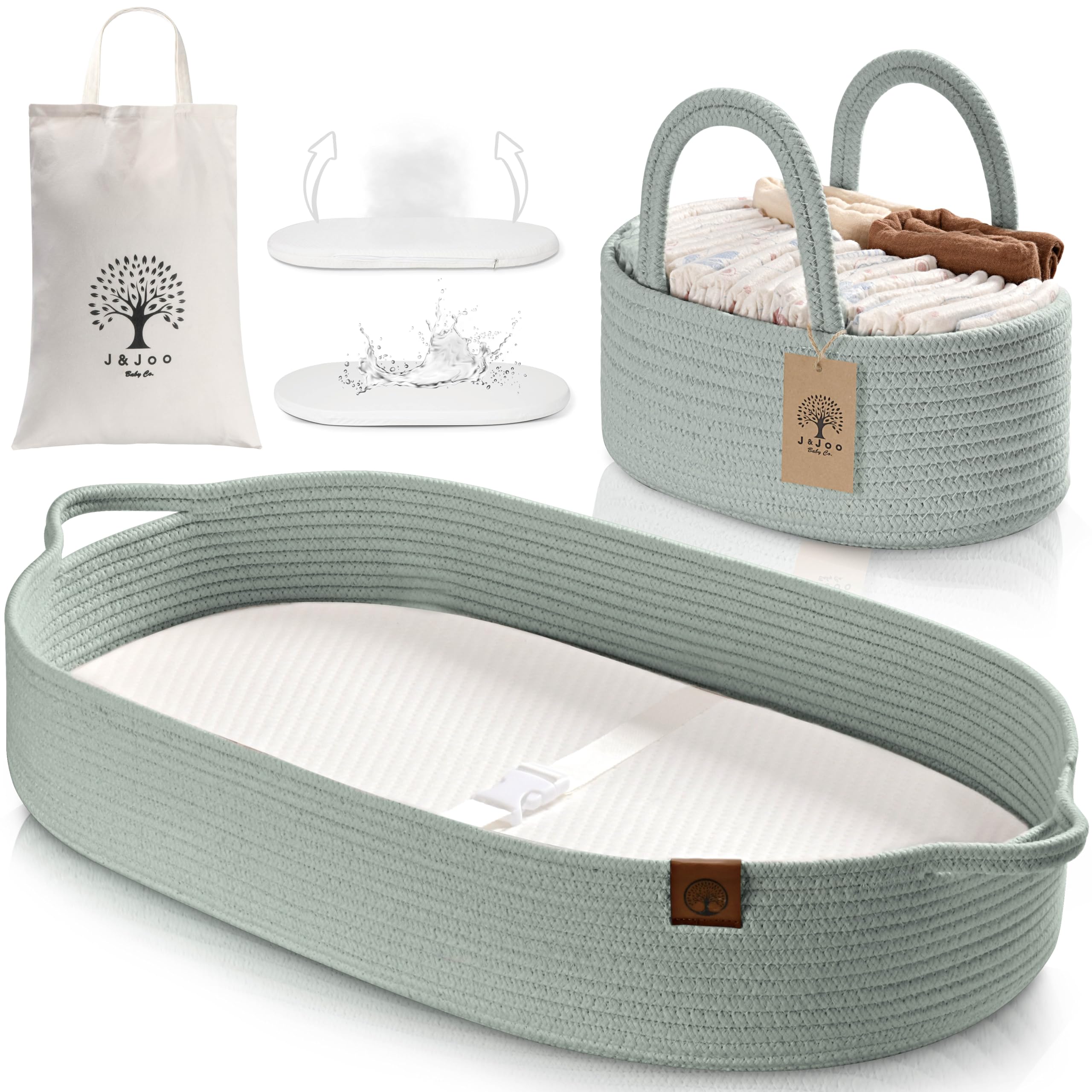 J&Joo Baby Changing Basket with Dual-Cover & Rope Diaper Caddy, Portable, Foldable Changing Pad for Dresser, Changing Table Topper, Living Room Changing Pad