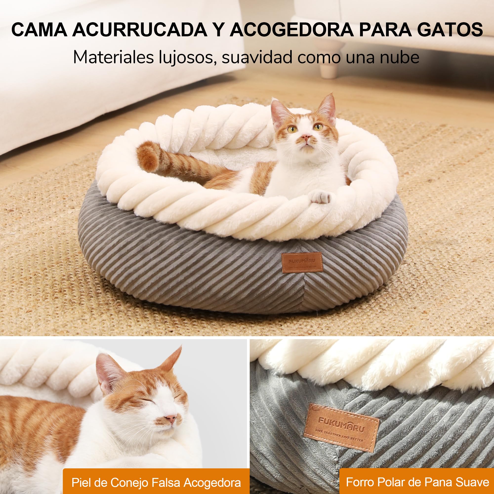 FUKUMARU Cama para Gatos Lavable, Cesta para Gatos con Borde Elevado, 55 x 55 x 21 cm, Cama Suave de Pana, Base Antideslizante, Grande, Gris
