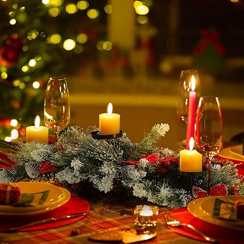 Miniatura 5 de Centro de mesa artificial de Navidad con 3 portavelas, flores rojas, bayas rojas y conos de pino nevado, base de acero, decoración de Navidad para