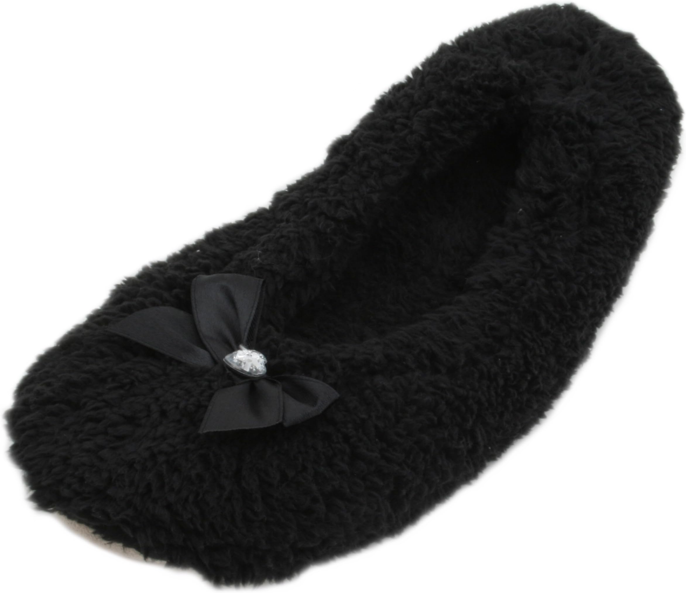 Ladies Fleece Ballerina Slippers With Satin Bow Black 7-8