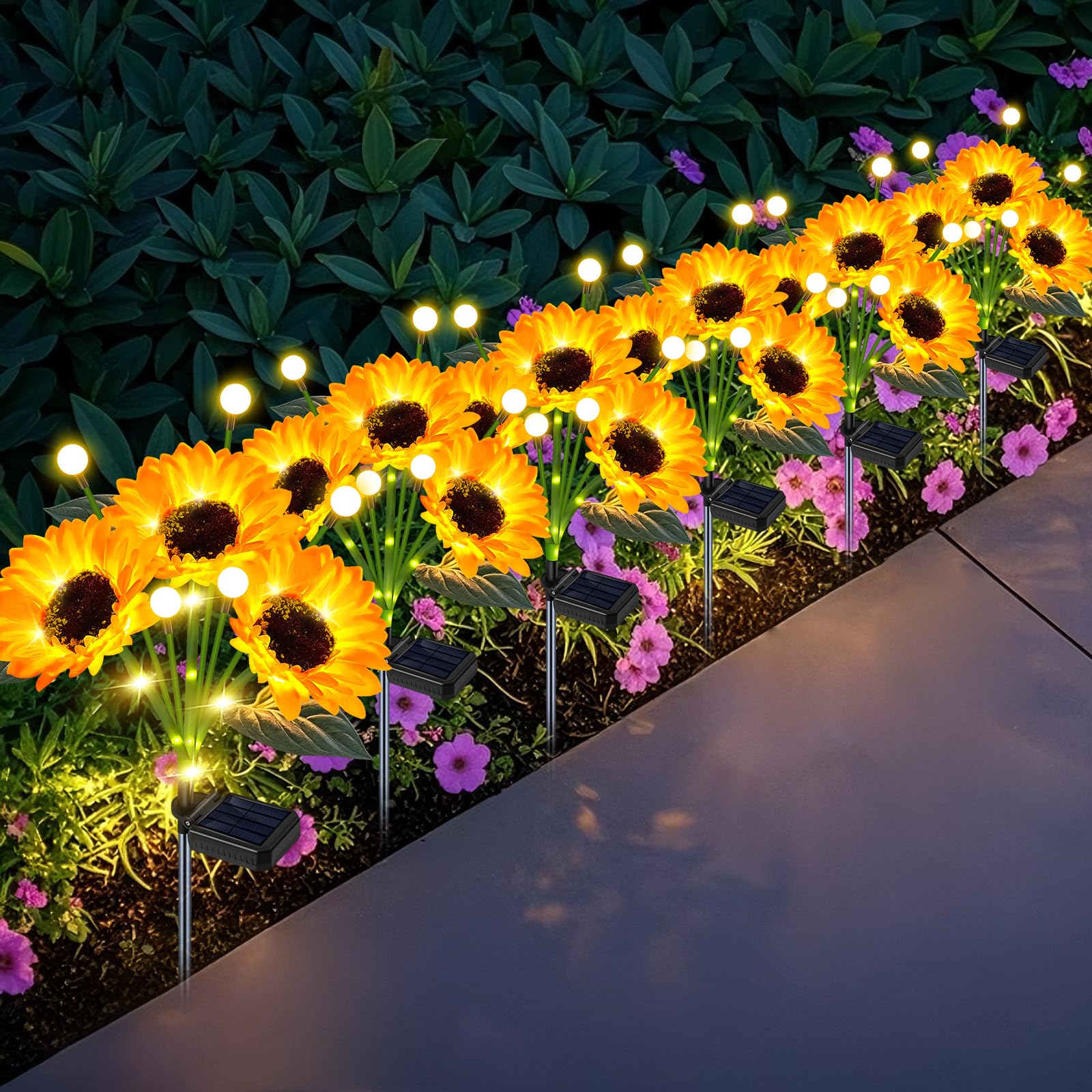 EDOF 6 Pack Sunflower with Firefly Lights,Solar Lights Outdoor Garden Decor