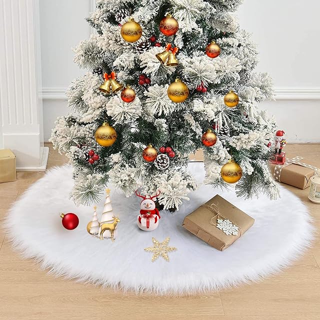 OPAHUTER Christmas Tree Skirt, Soft Faux Fur White Tree Skirts 90cm/36 Inch Diameter Tree Skirt for Xmas New Year Party Holiday Home Decorations