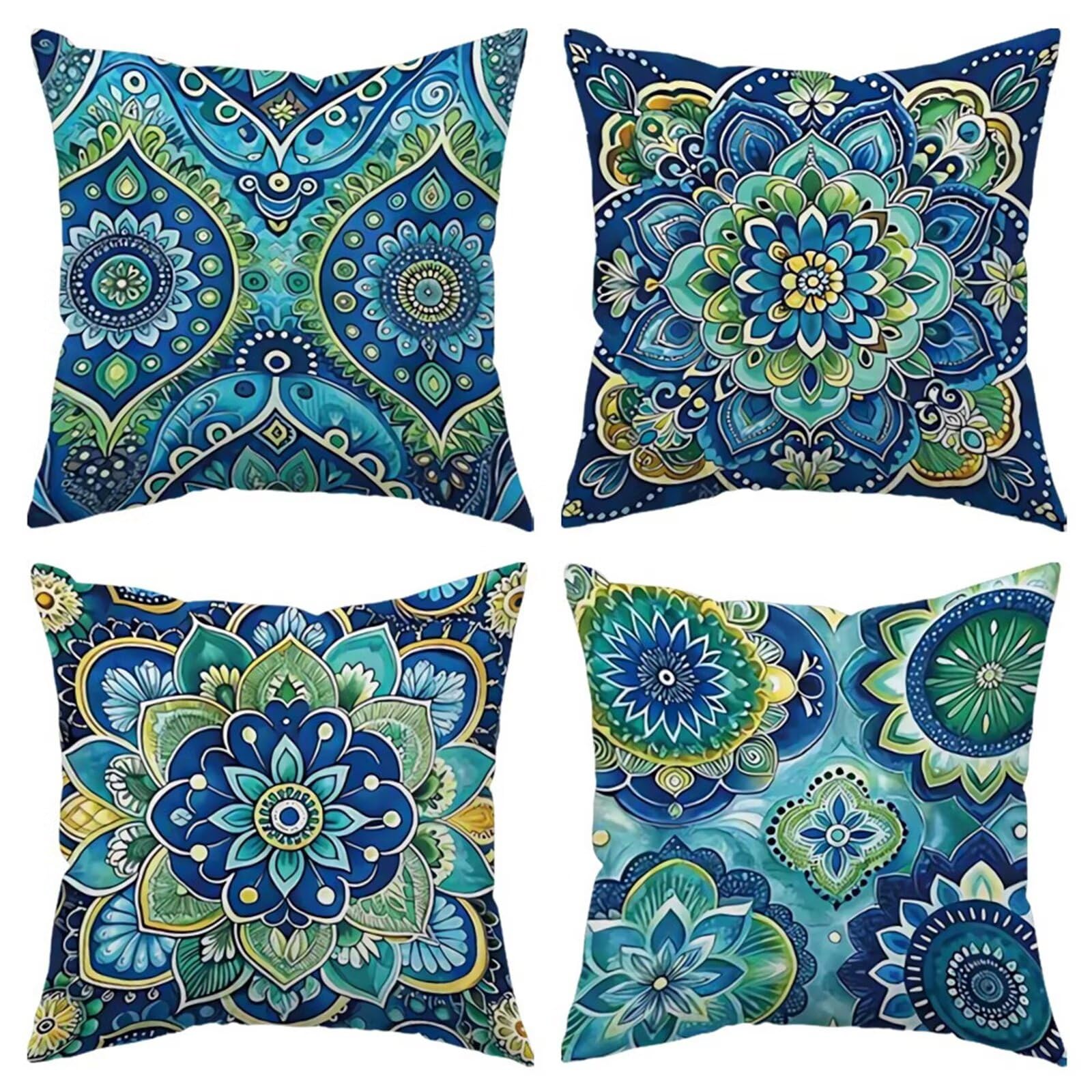 Heaen Outdoor Cushions Covers Waterproof 55x55 cm Set of 4 Square Linen Pillow Cases Green Mandala Decorative Dushions for Sofa Porch Patio Home Decor