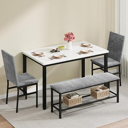 Juego de mesa de comedor para 4, mesa moderna de mármol sintético de 47.2 pulgadas, 2 sillas tapizadas de terciopelo con estructura reforzada, 1