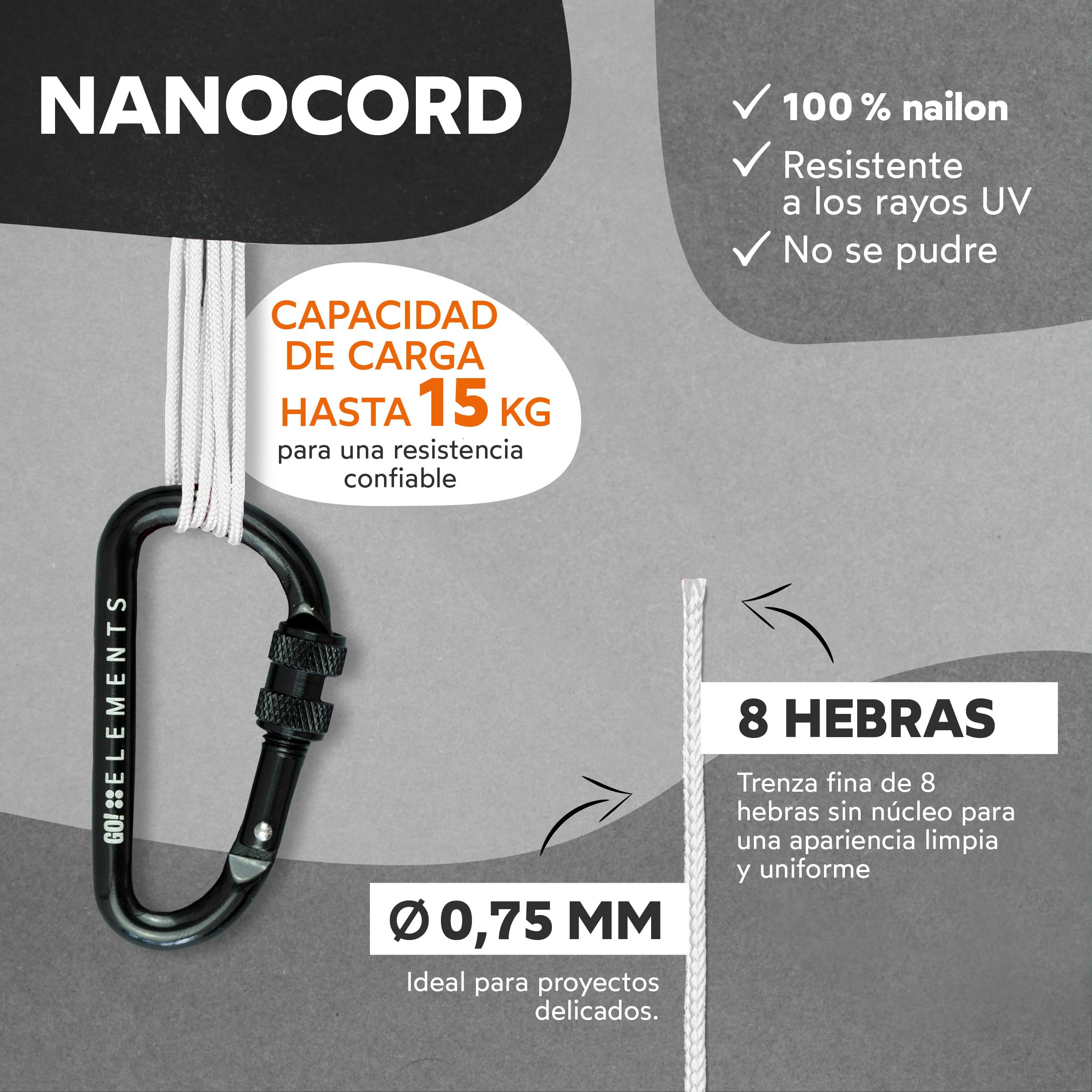 GO!elements Nano Cord | Cuerda de albañil | Filigrana, delgada y extremadamente estable | Cuerda de nylon 100% | ø 0,75 mm - Sin núcleo - Max. 16 KG - Resistente a la rotura | Cuerda para DIY, camping