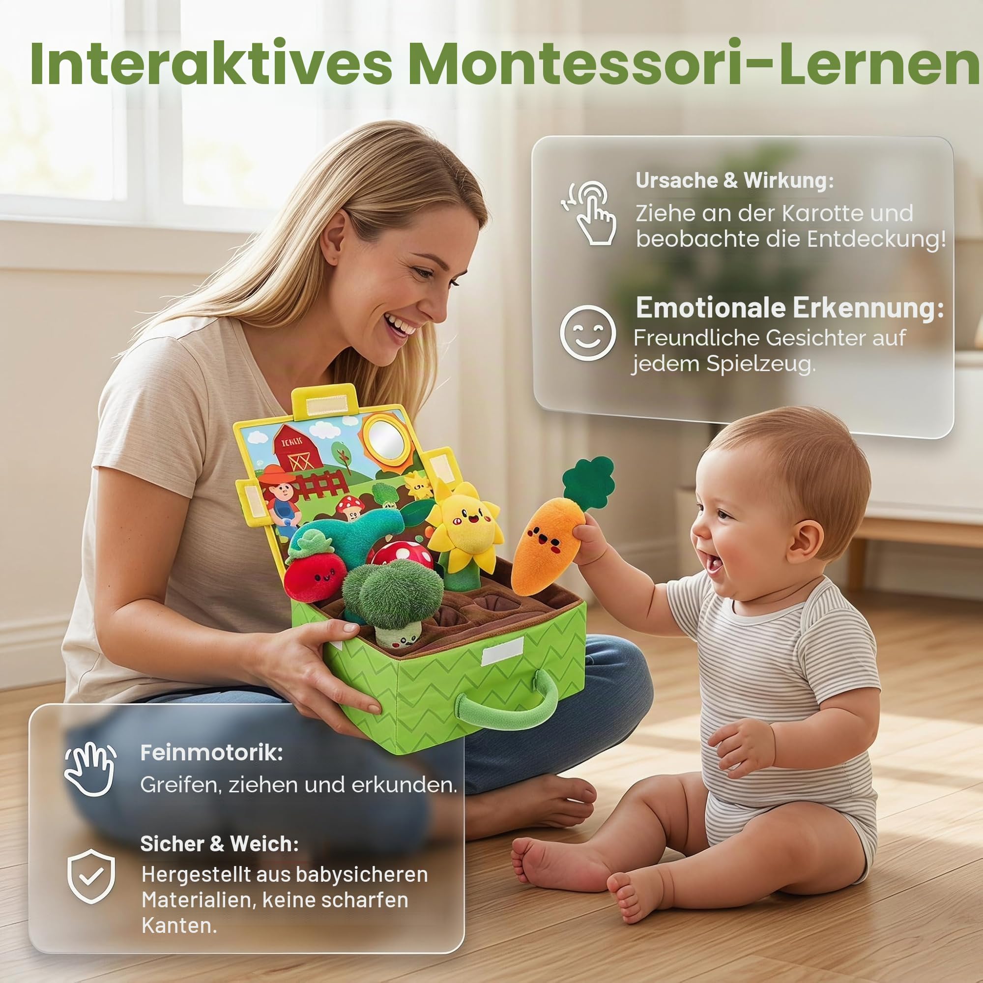 Sensorik Spielzeug Baby, Bauernhof Spielzeug mit Obst und Gemüse, Baby Spielzeug 1 Jahr, Vielseitiges Sinnespflege-Set mit Rassel und Spiegel, für Geburt, den Ersten Erkundungsspaß