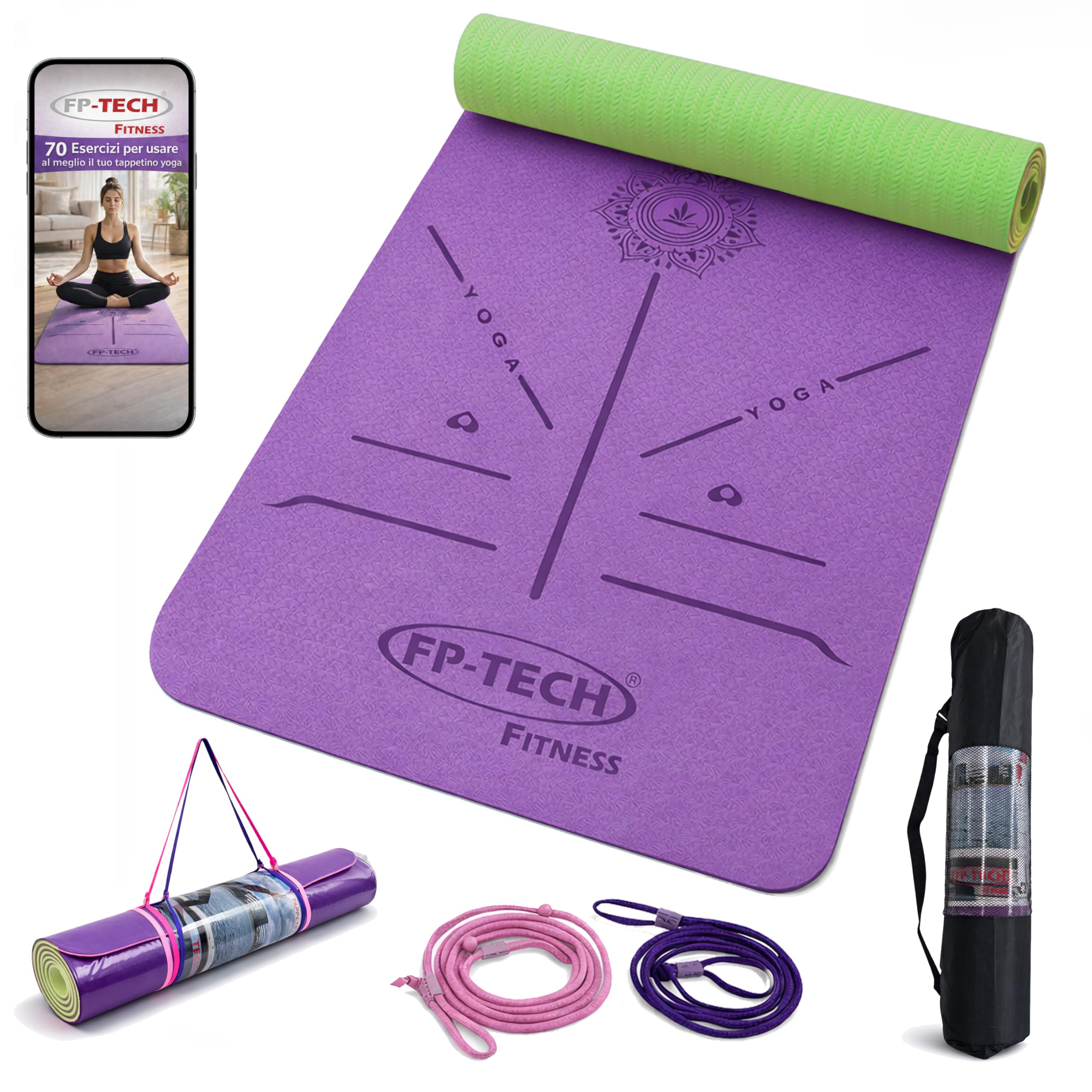 FP-TECH Tappetino da Yoga Imbottito Antiscivolo Fitness Pilates Ginnastica in TPE Mat con Sacca 183 X 68 X 0.8 CM