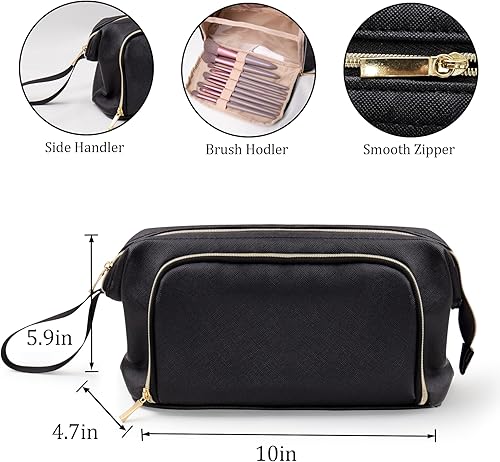 Miniatura 6 de QFDS Bolsa de maquillaje de viaje, bolsa de maquillaje grande y abierta, bolsa de cosméticos espaciosa de cuero, bolsa organizadora de maquillaje