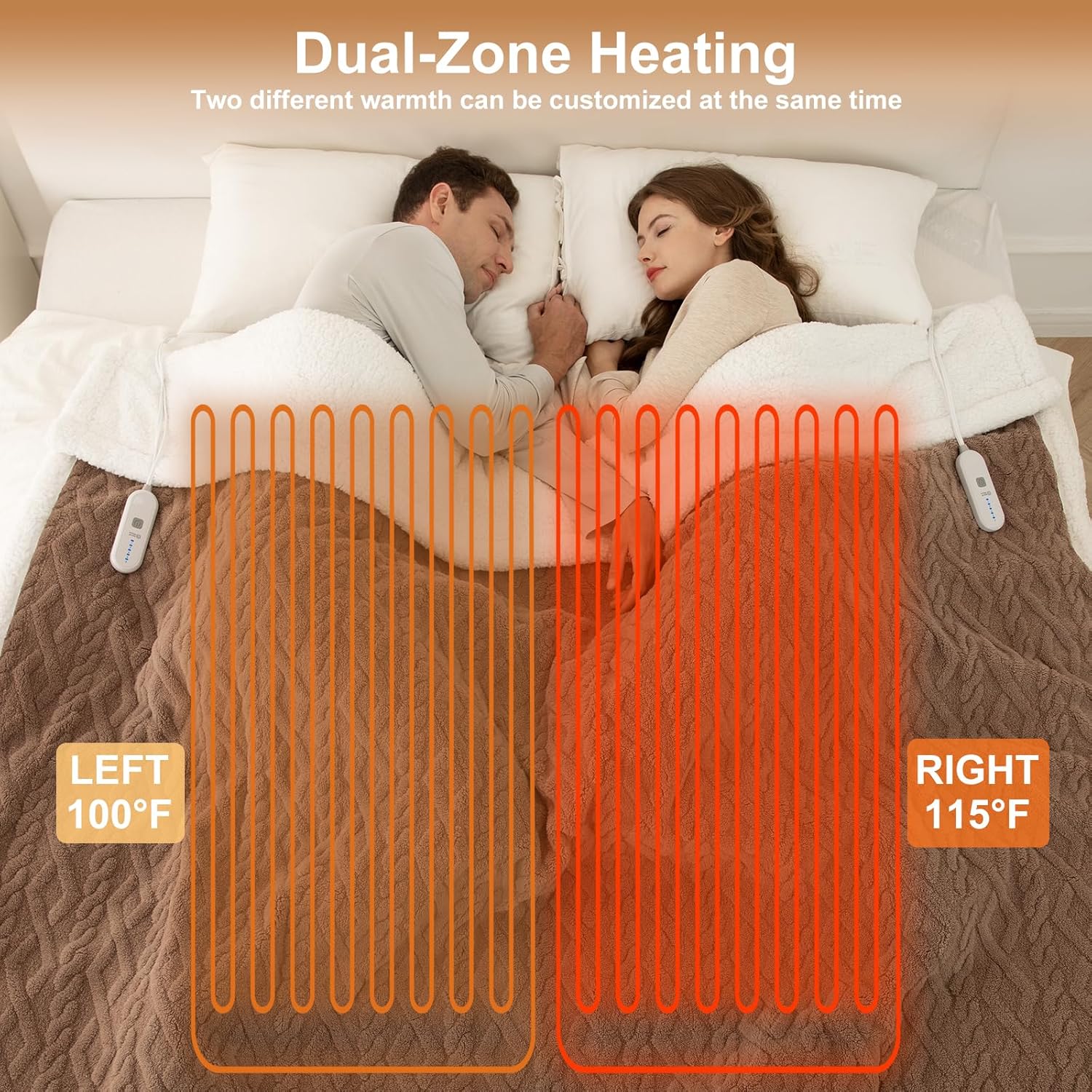 Electric Blanket Queen Size 84"X90" Brown - Soft Thick Warm Sherpa Heated Blanket for Winter with Dual Control, 5 Heating Levels & 10hrs Auto Off, Machine Washable & ETL Certified for Bed - Image 3