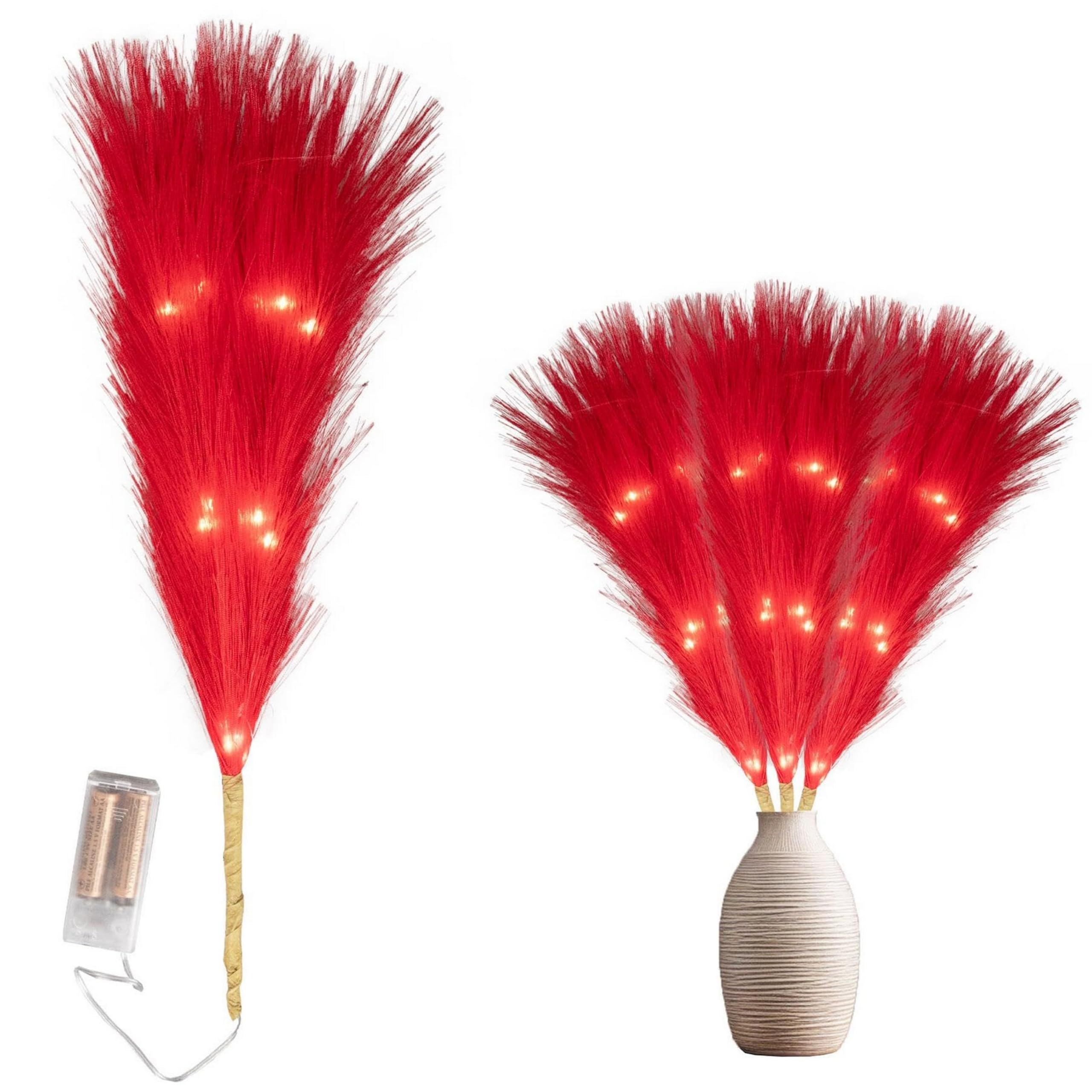 Shatchi Red-45Cm 45Cm Prelit Red Pampas Grass Stem, Warm White Leds Battery-Operated Christmas Artificial Flowers For Boho Wedding Bedroom Living Room Decorations