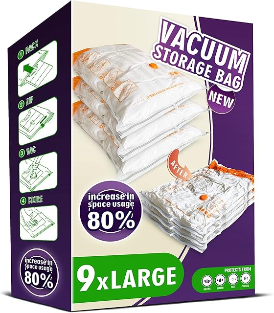 Storage Master Space Saver Bags for Travel and Home Reusable Vacuum Storage Bags Save 80% More Storage Space Work with Vacuum Cleaner (Large, 9 Pack)