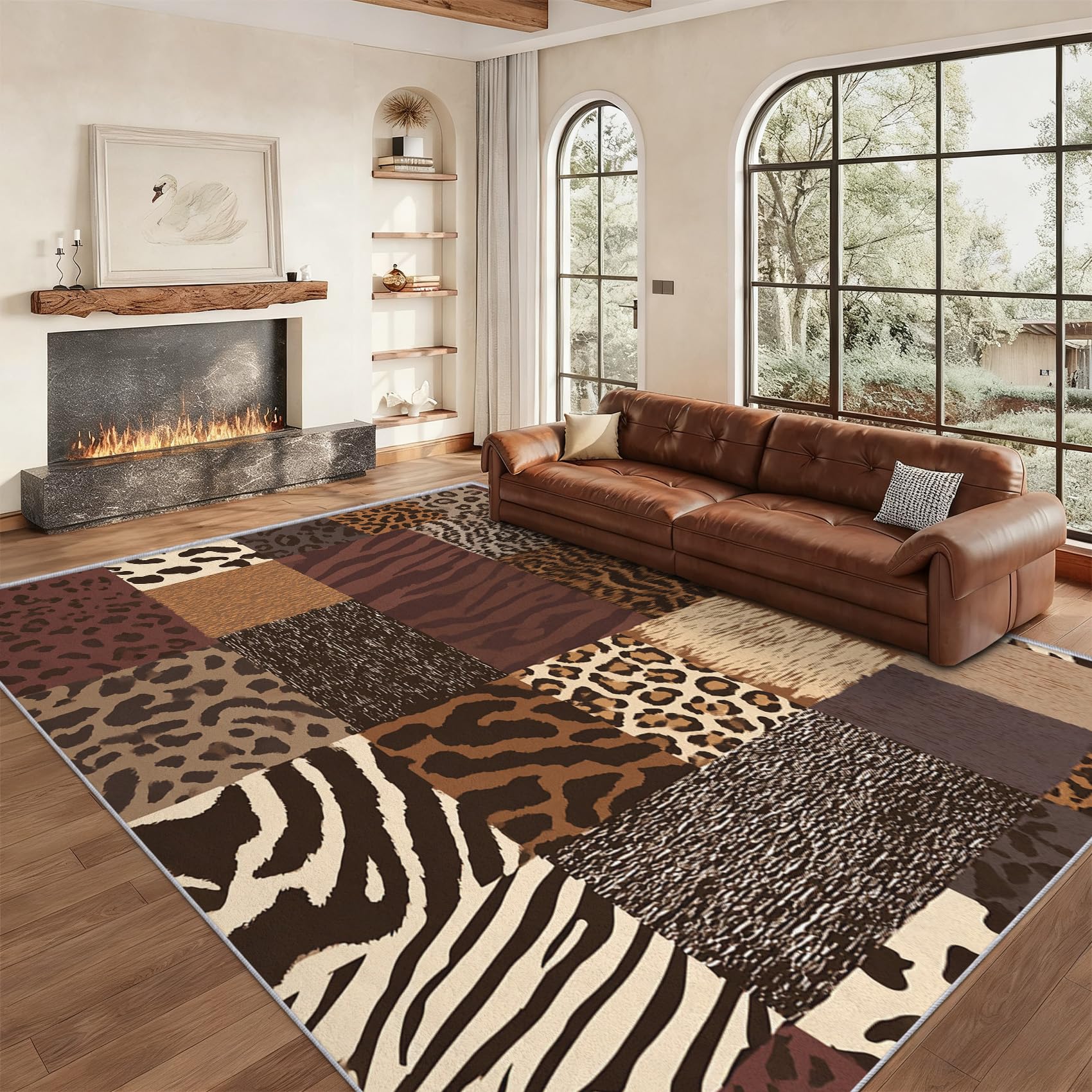 Generisch Patchwork Tiermuster Teppich Wohnzimmer 160x230, Kurzflor Teppich Schlafzimmer Tiger Zebra Leopard Wohnzimmerteppich Groß, Weich Flanell - Antirutsch Carpet H-85