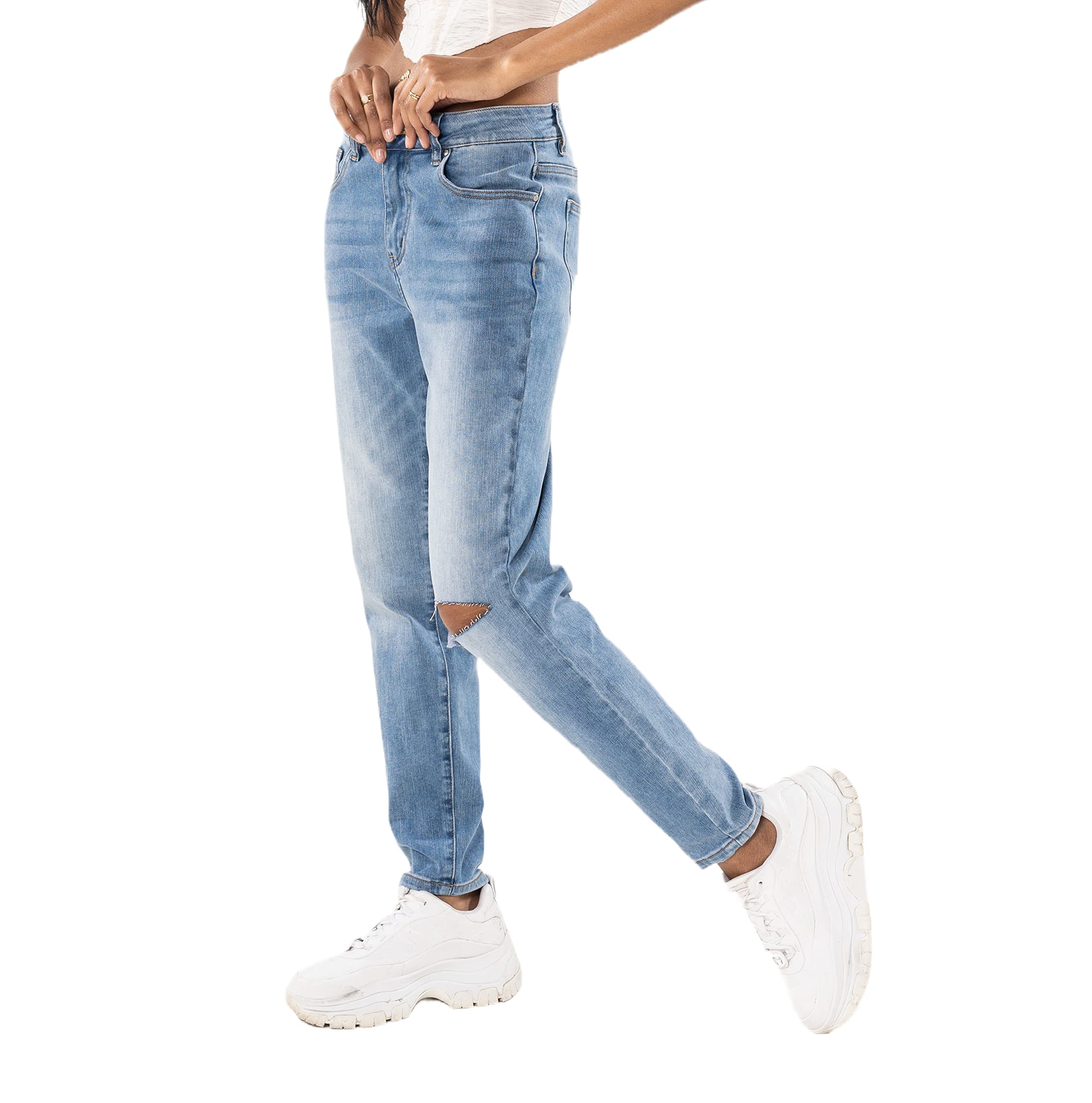 Nina Carter Damen Boyfriend Jeanshosen High Waist MOM Jeans Cutted Knee Used-Look Waschungseffekt