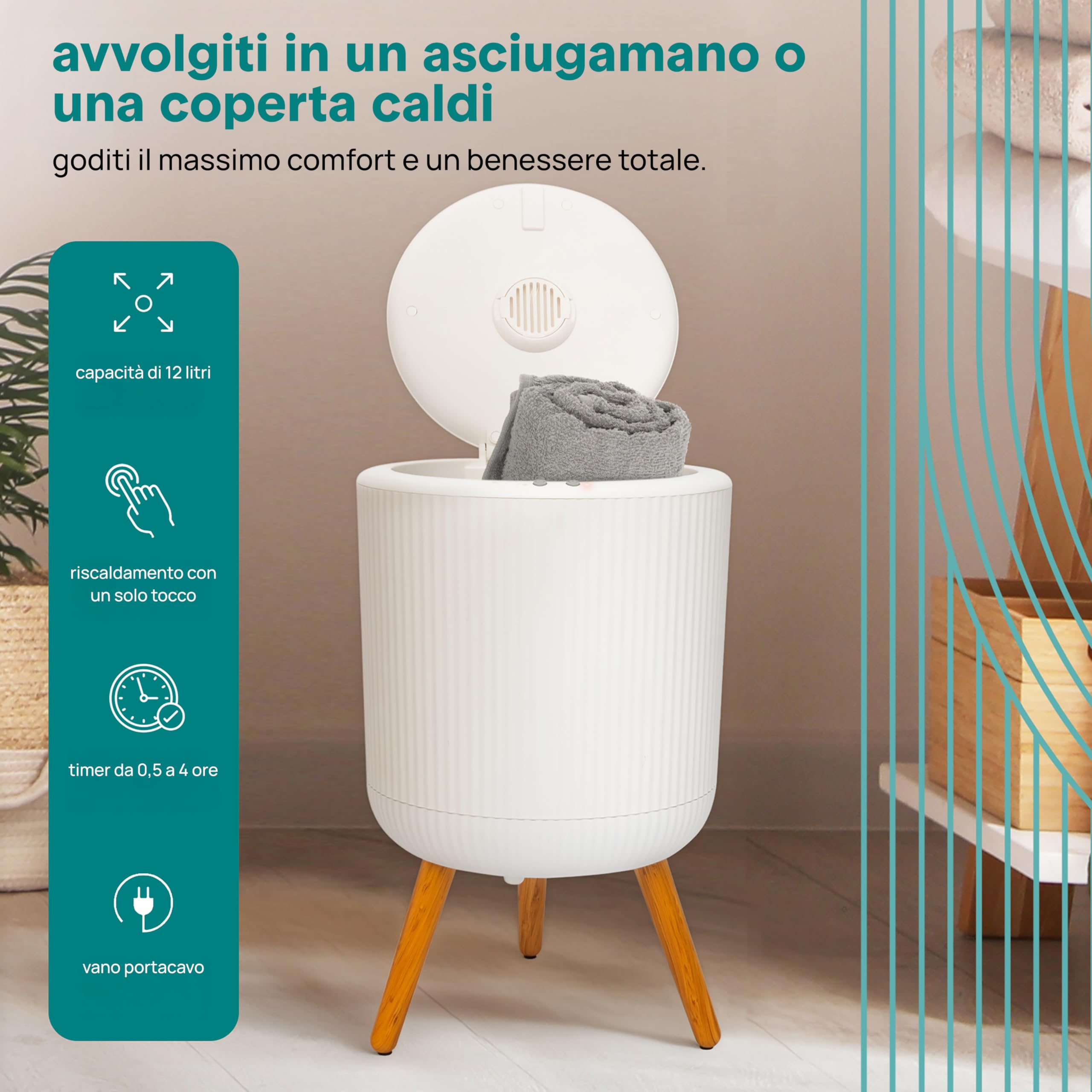 SereneLife Scaldasalviette Elettrico Bagno Autoportante, Scaldasalviette Elettrico 46 cm, Capacità 12 L, Timer Integrato, Dischi Aroma, LED, per Asciugamano, Accappatoio o Coperta, Grigio