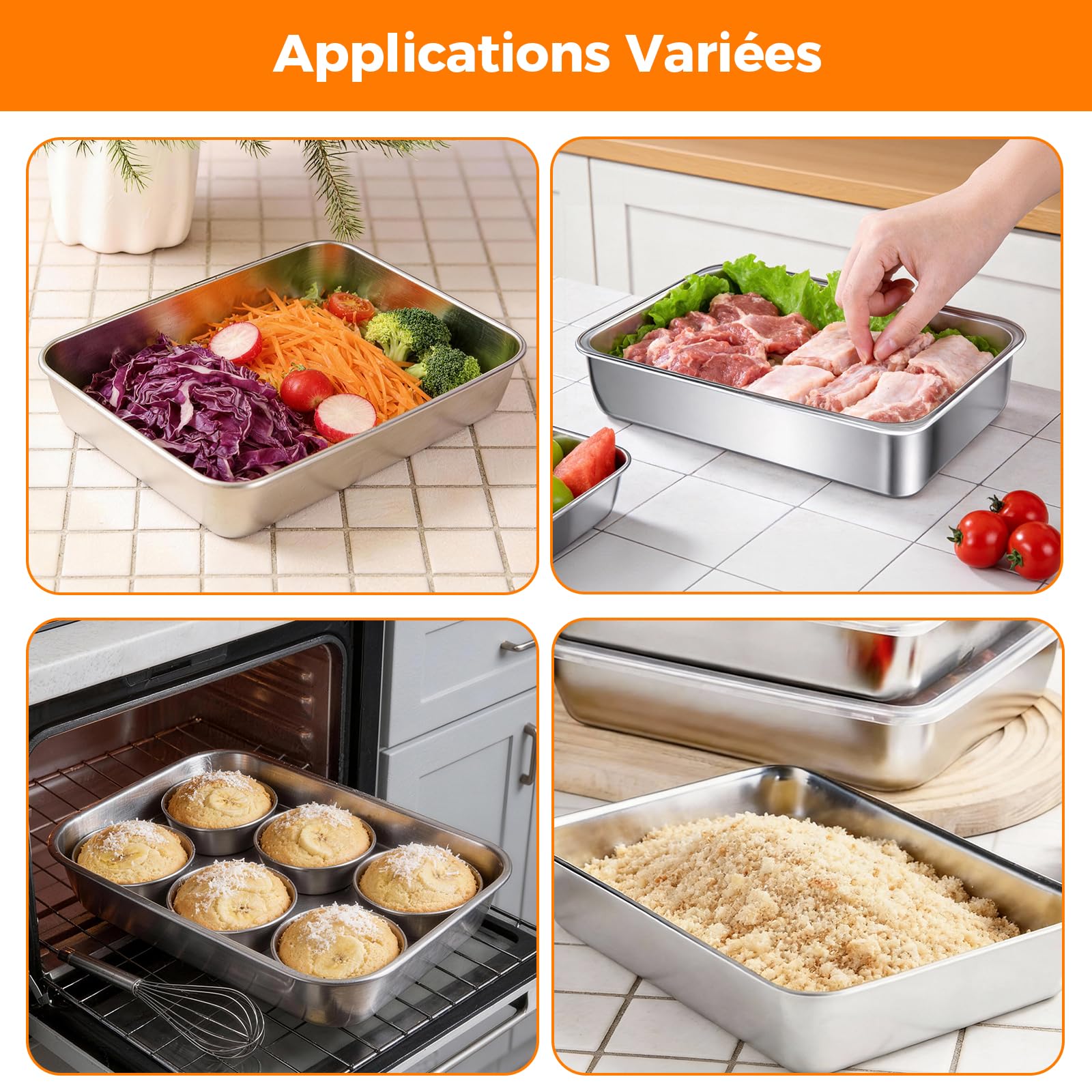 3 Plateaux à Panure en Inox, 25 x 19 x 5 cm, Plateaux Rectangulaires pour Schnitzels, Poisson, Viande et Légumes, Empilables, Inox anti-rouille, Idéal pour la Panure en Cuisine