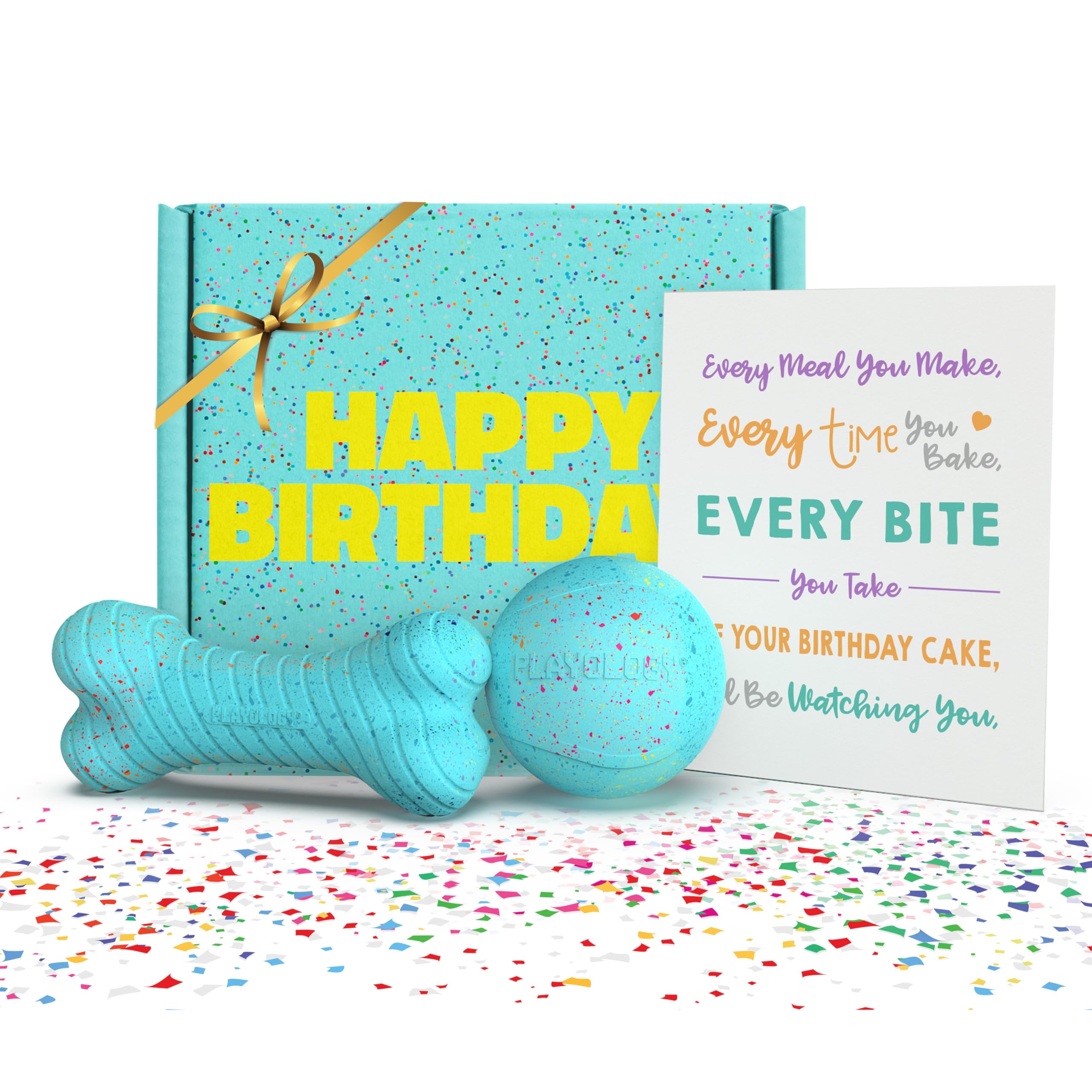 Playology Birthday Box Hundespielzeug für mittelgroße Hunde, natürliche Erdnussbutter, Geburtstagskuchenduft, Geschenkpaket, 1 quietschende Kaubälle, 1 doppellagiger Knochen und 1 Hunde-Bday-Karte