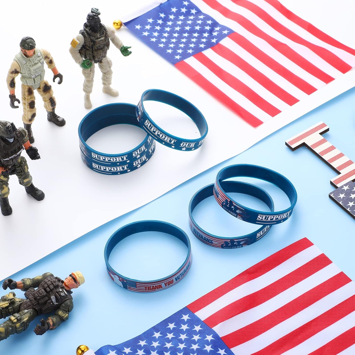 Honoson 200 Pcs Veterans Silicone Wristband 250th Anniversary American Flag Bracelet Support Our Troop Veteran Gifts Military Bracelet Bulk for Men Women Memorial Day Army Accessories Patriotic Party