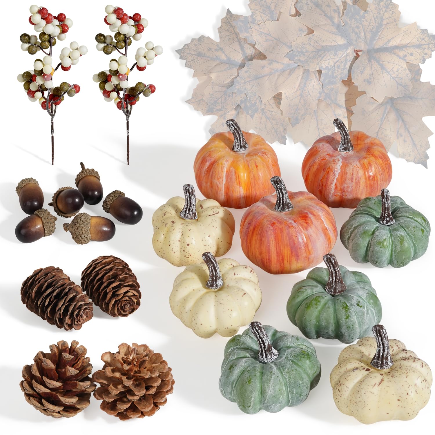 Artmag 25 PCS Pumpkin Decor Set, Artificial Pumpkins Fall Decor for Halloween Thanksgiving Decorations with Acorns, Pinecones, Berries, Maple Leaves for Home Table