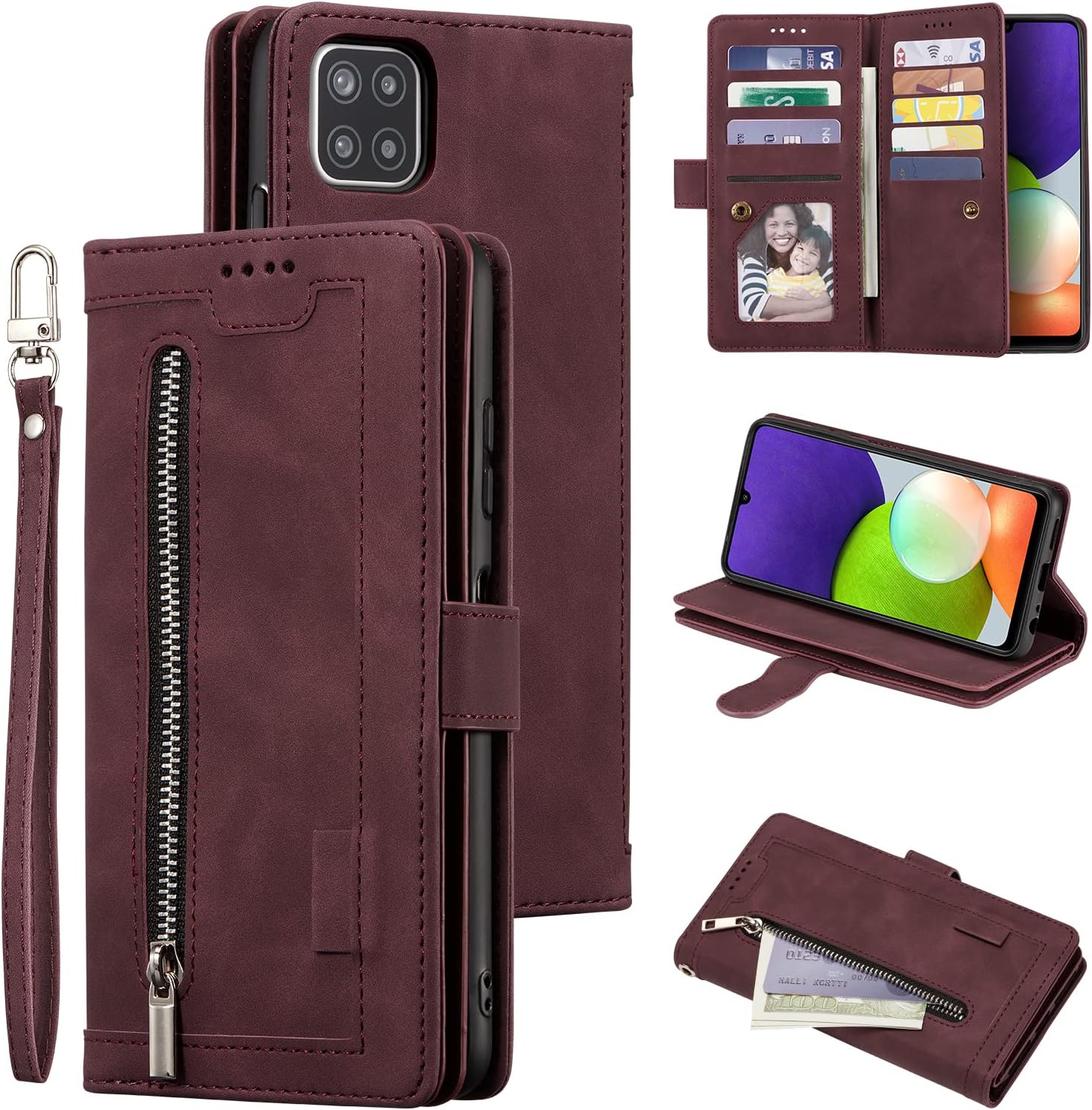 UEEBAI Wallet Case for Samsung Galaxy A22 5G, 9 Card Holder Slots Zipper Pocket Handbag Case PU Leather Magnetic Closure Kickstand with Wrist Strap TPU Shockproof Flip Case - Wine Red