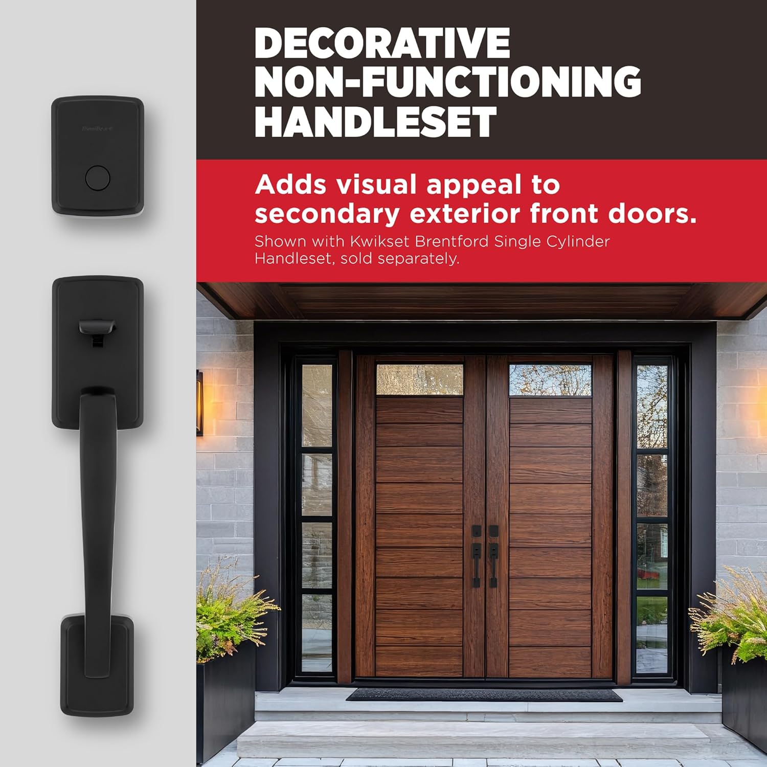 Kwikset Brentford Front Door Lock Handle and Deadbolt Set, Dummy Handleset Exterior with Interior Door Knob, Secure Locking Deadbolt, Matte Black