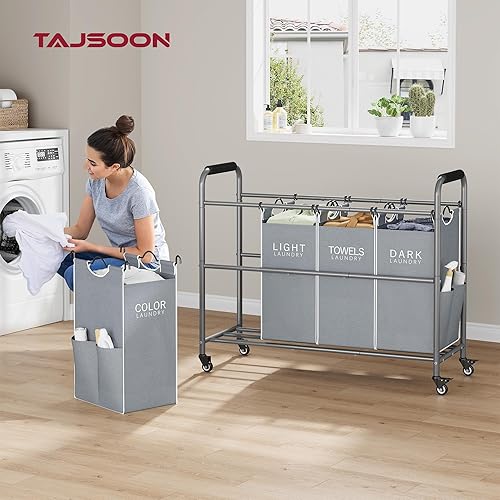 Miniatura 10 de Tajsoon Carrito clasificador de lavandería de 4 bolsas cesta clasificadora de lavandería con ruedas giratorias resistentes para almacenamiento de