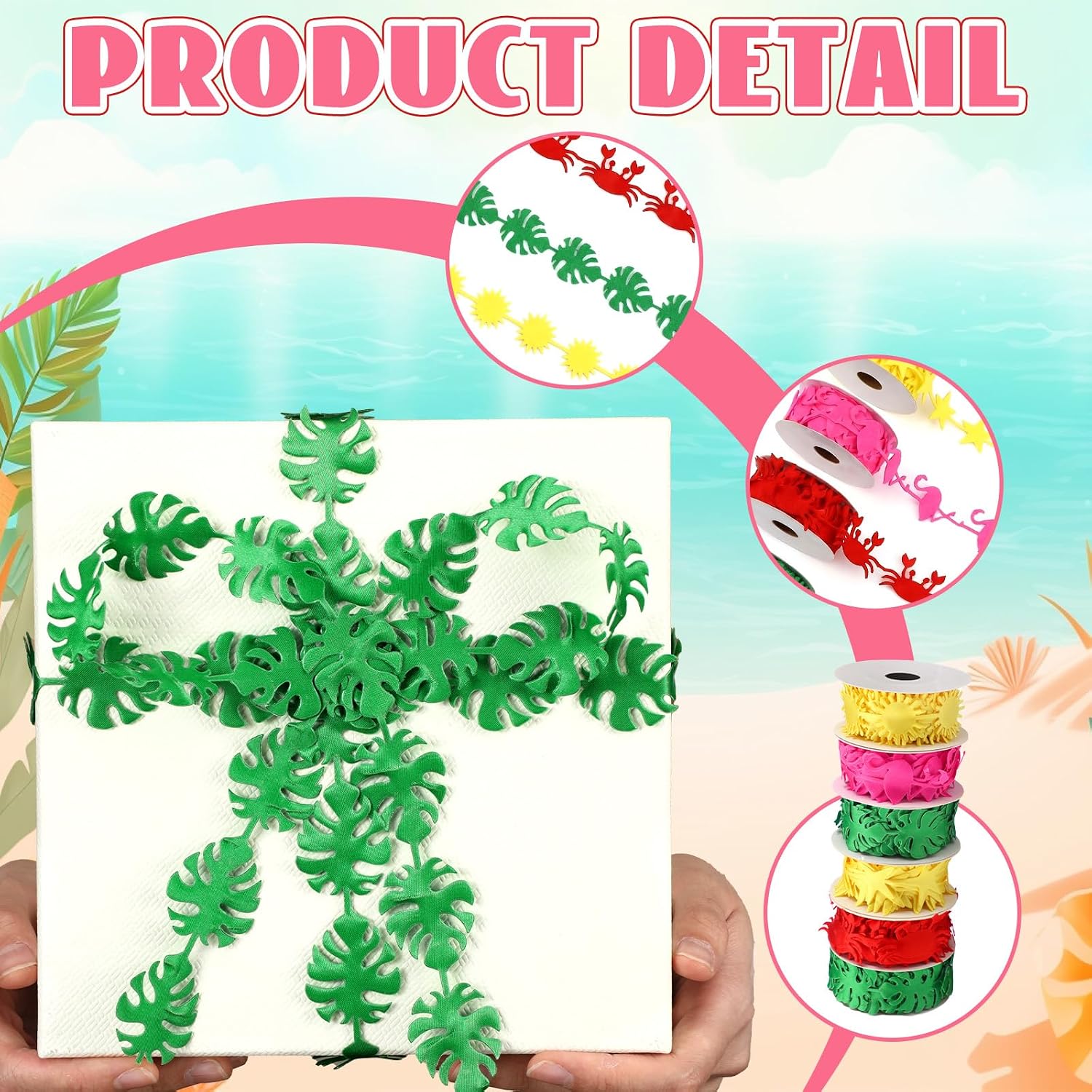 Hoteam 6 Rolls Summer Theme Ribbons Tropical Style Thin Ribbon 30 Yards Garland Flamingo Crab Fabric Trim for DIY Craft Gift Wreath Bows Wrapping Summer Party Decoration