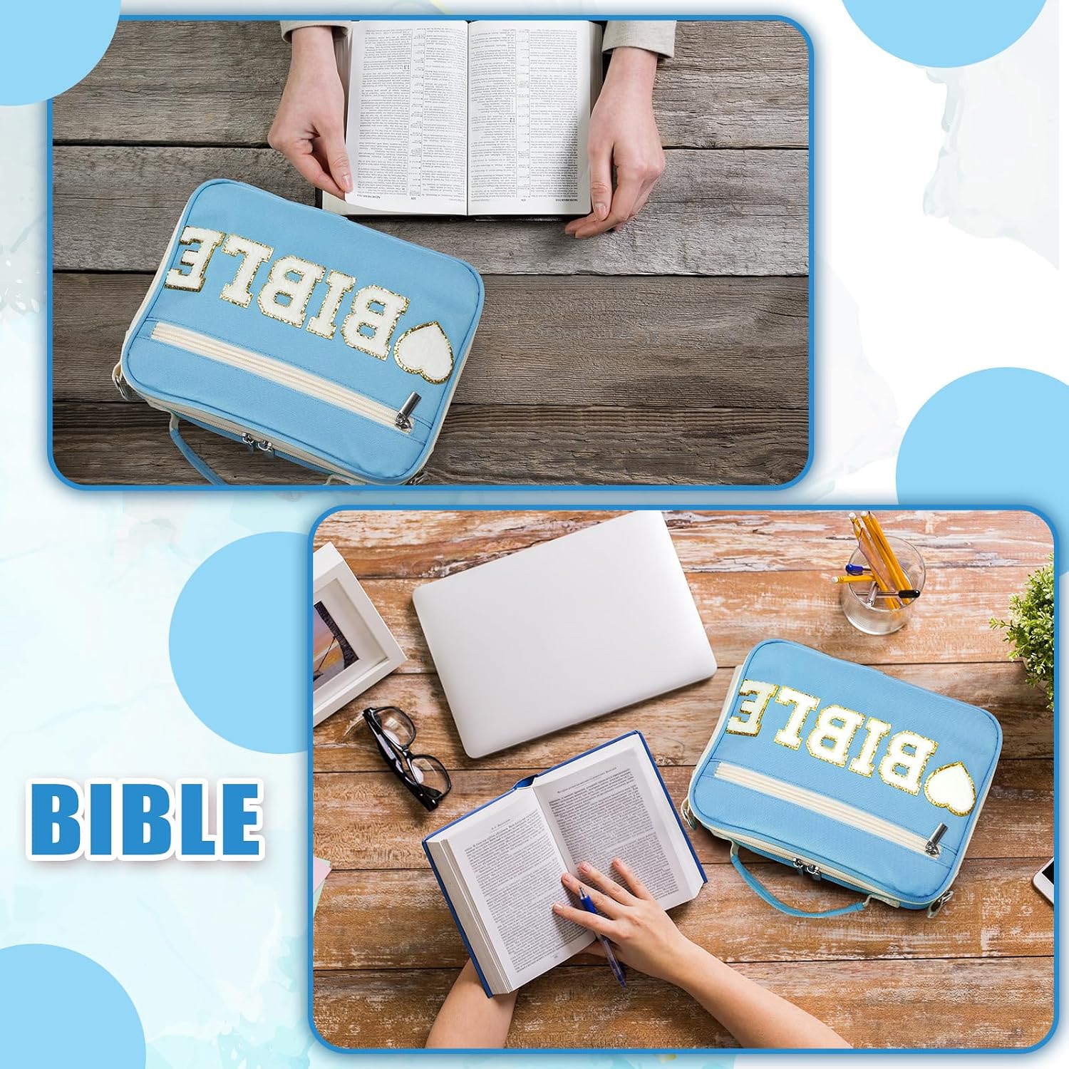 Silkfly Blue Bible Cover Case Preppy Large Chenille Letter Church Bag image 5