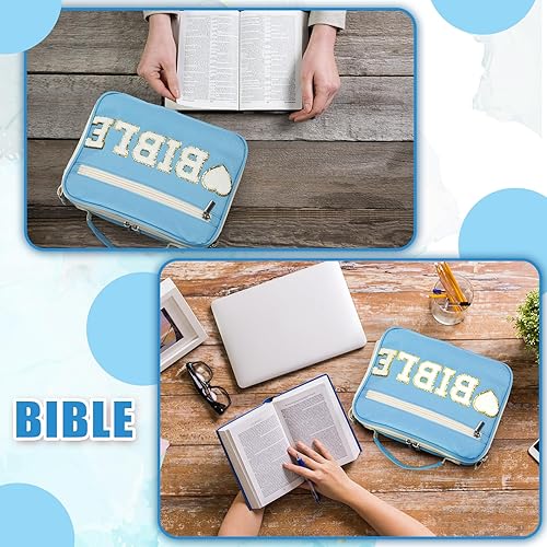 Vista 5 de Silkfly Funda para la Biblia de Navidad para mujeres, bolsa de iglesia grande de felpilla con correa para el hombro y asa, bolsa cristiana Azul
