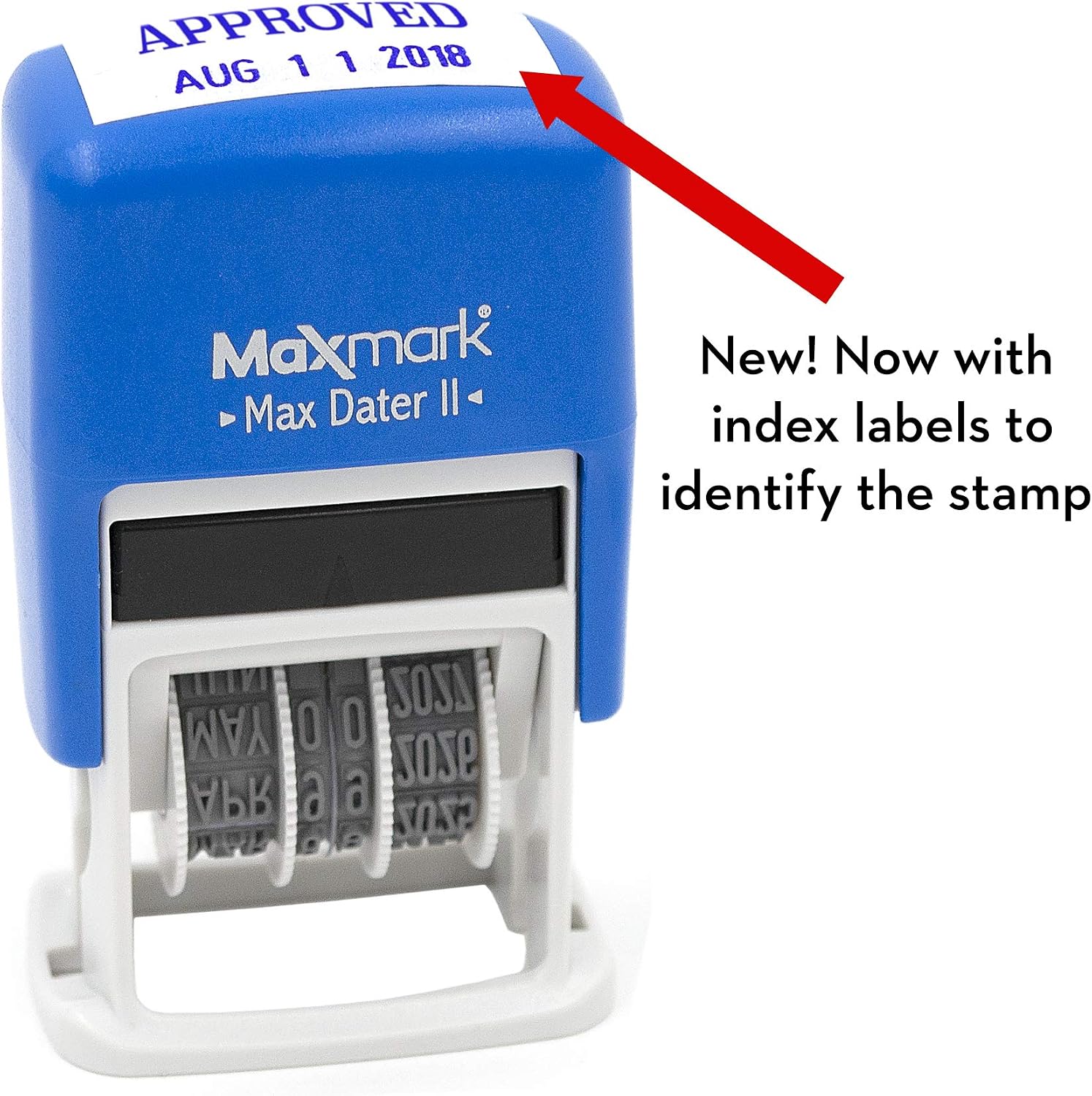 MaxMark Self-Inking Rubber Date Office Stamp with Approved Phrase & Date - Blue Ink (Max Dater II), 12-Year Band