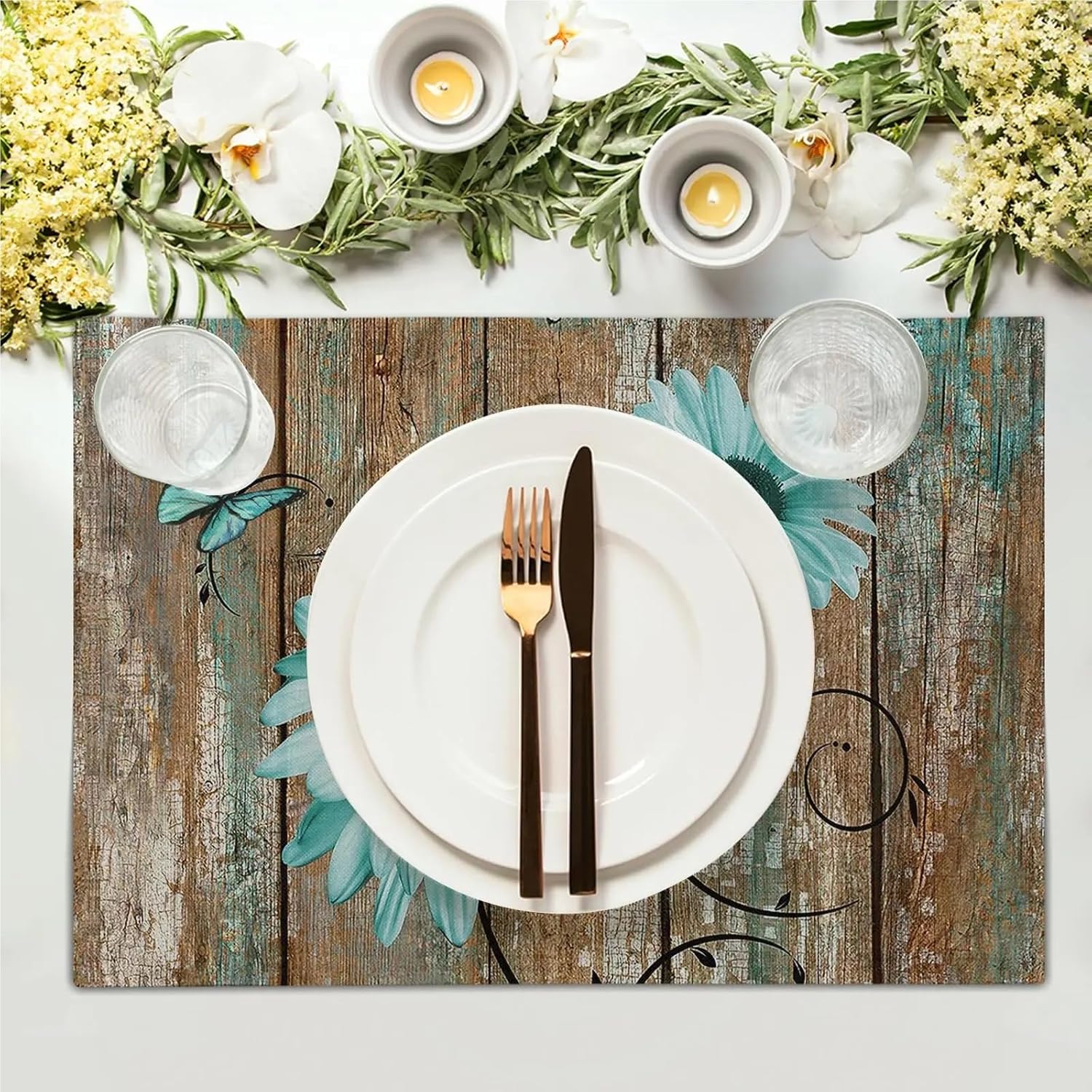 Rustic Daisy Placemats Set of 4-Teal Sunflowers Vintage Wood Board Linen Place Mat- Farmhouse Non Slip Heat Table Mats