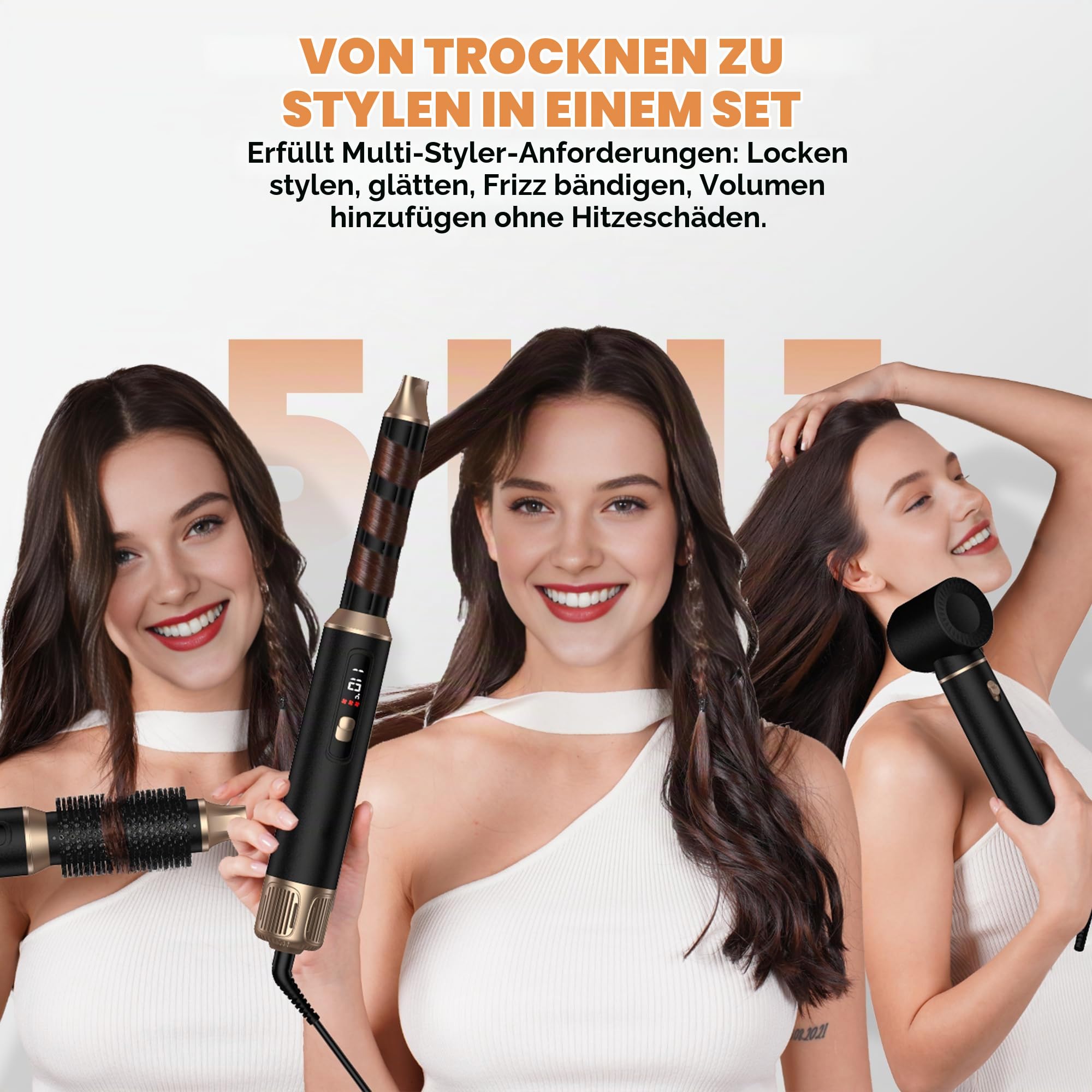 UKLISS 5 in 1 Haarstyler mit LCD-Display, Haartrockner & Hair Styler mit Hair Dryer, Rundbürstenföhn, Warmluft Lockenbürste, Thermal Brush, Haarföhn, Geschenke Set für Haarstyling