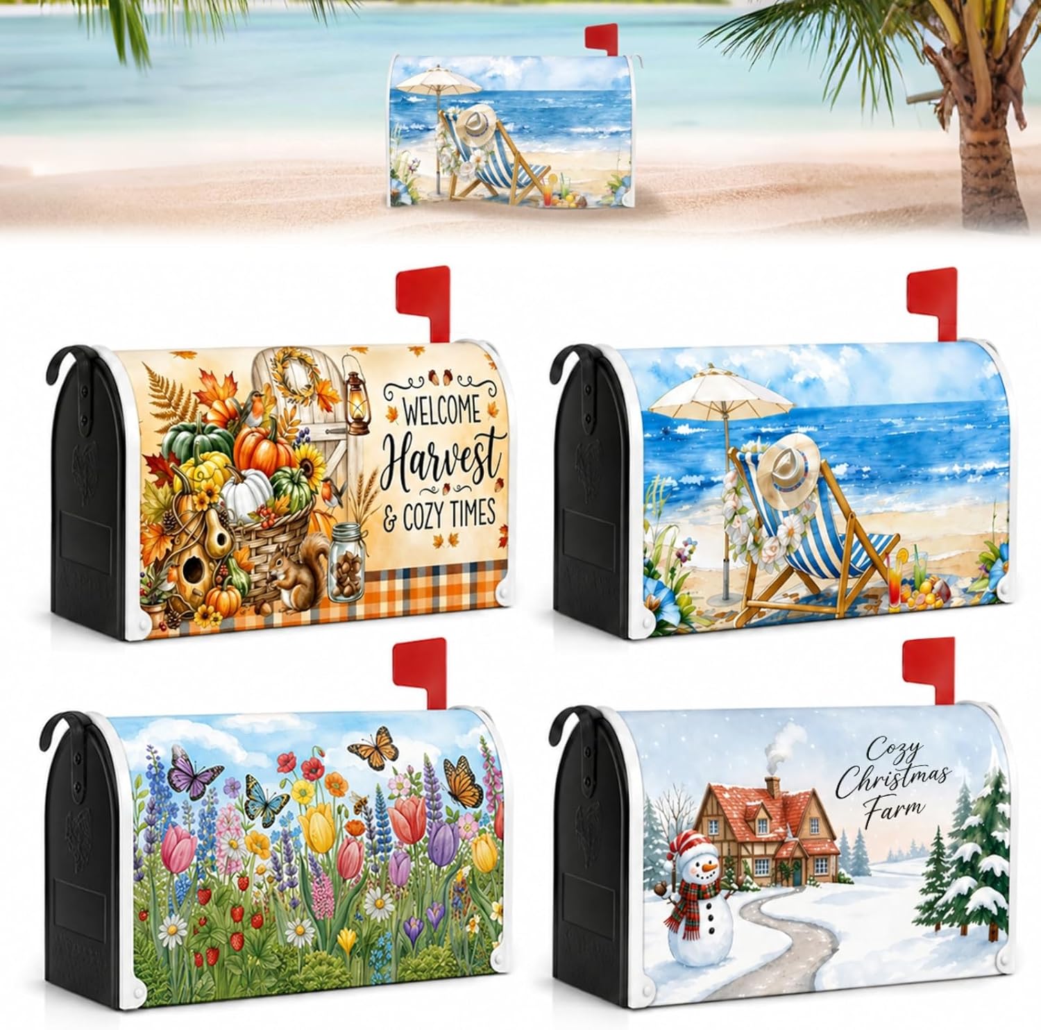 4PCS Four Seasons Mailbox Covers Magnetic for Outdoor Garden Yard, Letter Post Box Cover Decoration with Spring Summer Autumn Winter Topic for 21.6" Lx 18.5" W