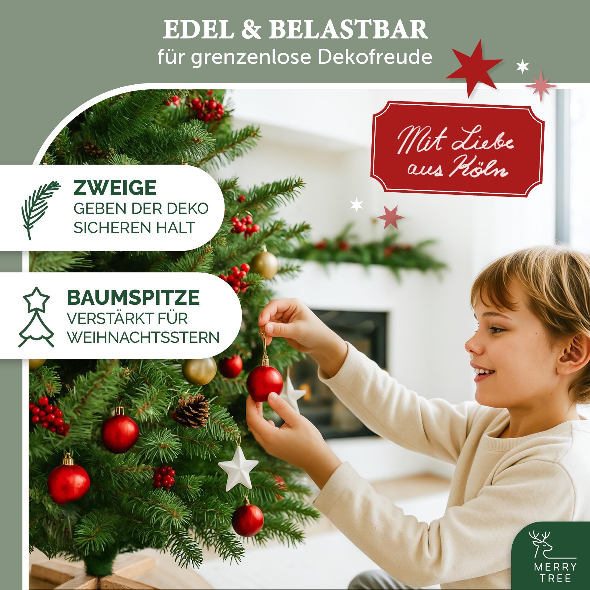 Premium künstlicher Weihnachtsbaum 180cm - großer Weihnachtsbaum Spritzguss Mix aus naturgetreuem PE + PVC + edlen Holzfuß - Stamm im natürlichen Look - Tannenbaum künstlich - Nordmanntanne