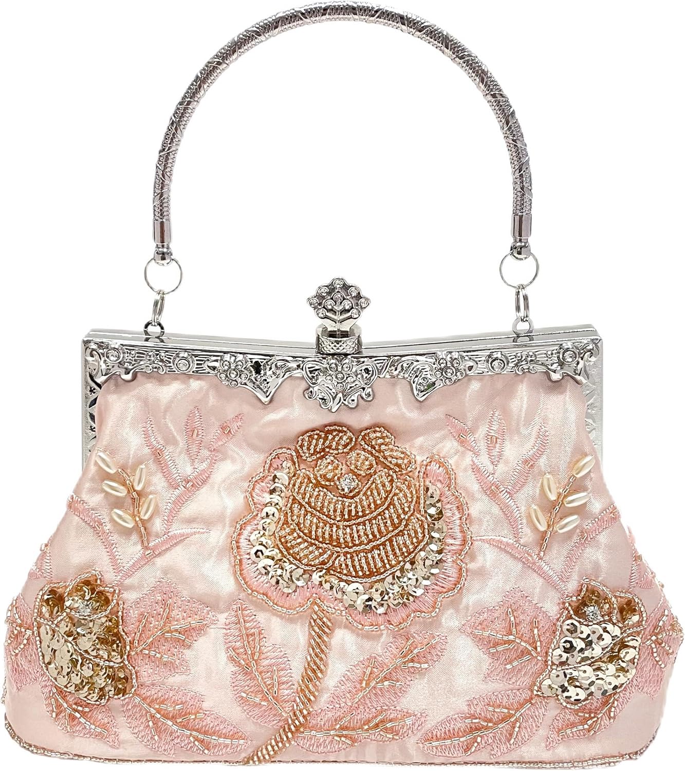 Rose Embroidered Vintage Beaded Evening Bag for Women, Elegant Handled Clutch for Wedding, Party & Formal Events